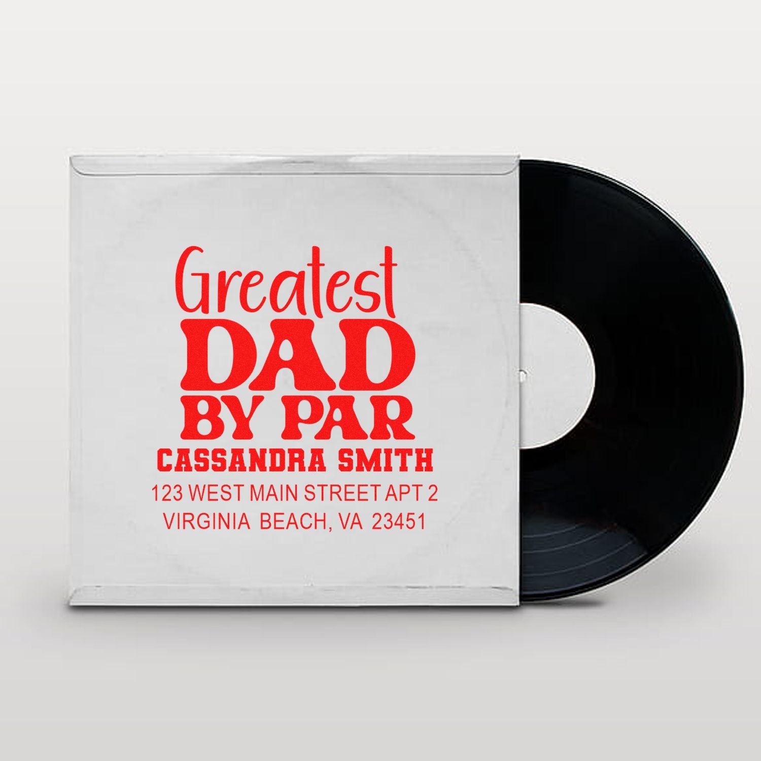 Personalized Greatest Dad rubber stamp design with name and address, ideal for custom Fathers Day cards and gifts.