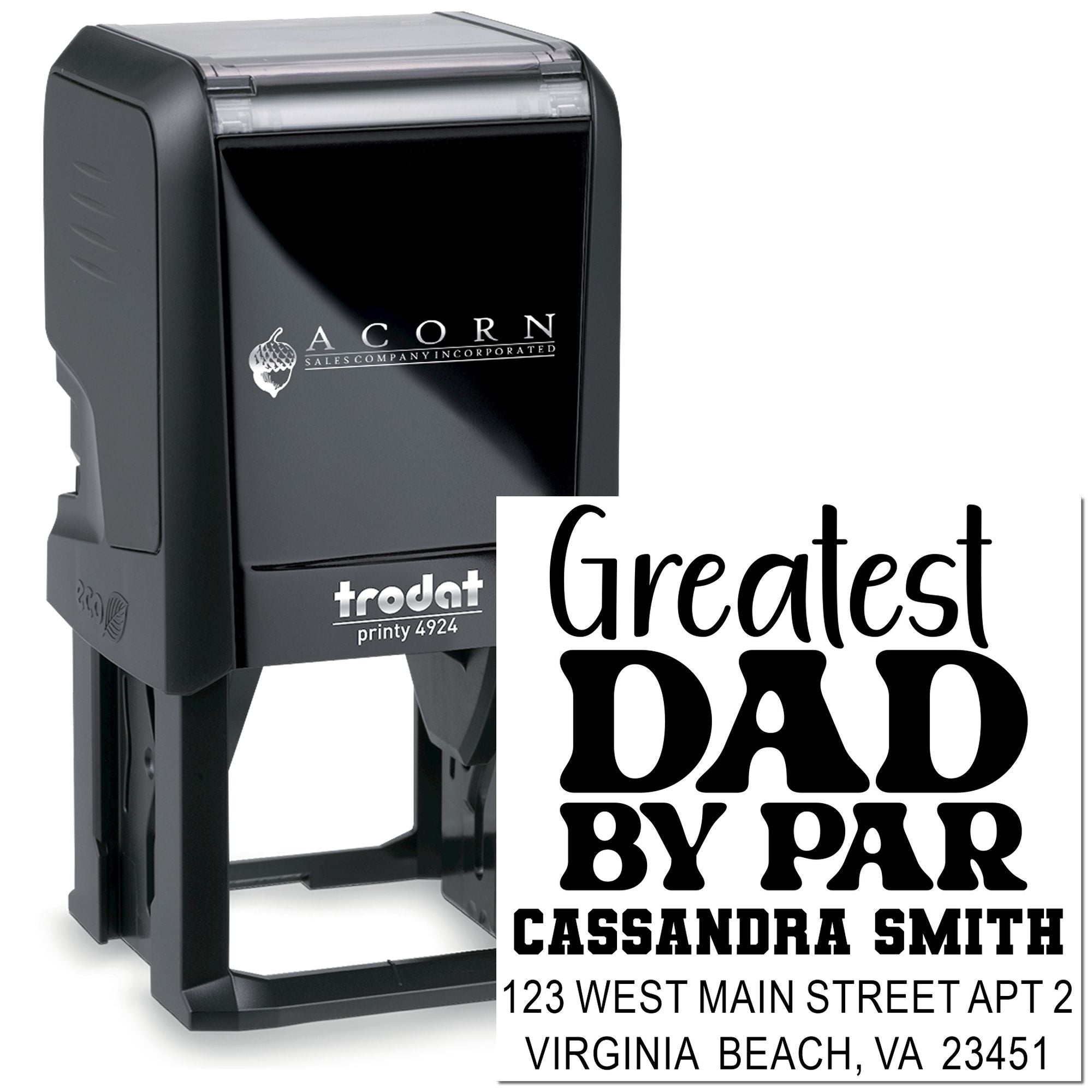 Trodat Printy 4924 custom self-inking rubber stamp with Greatest Dad by Far message and personalized address.