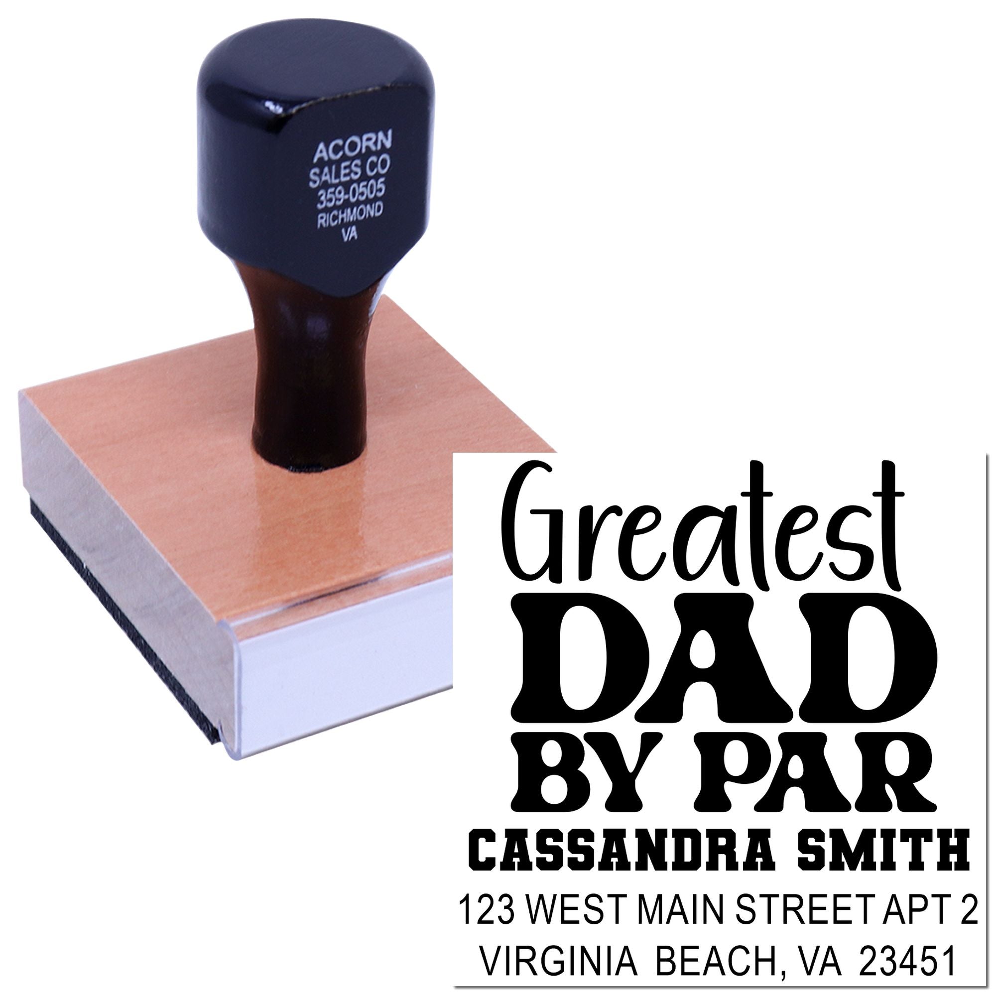 Personalized rubber stamp with Greatest Dad by Far design and custom name/address layout for Fathers Day.