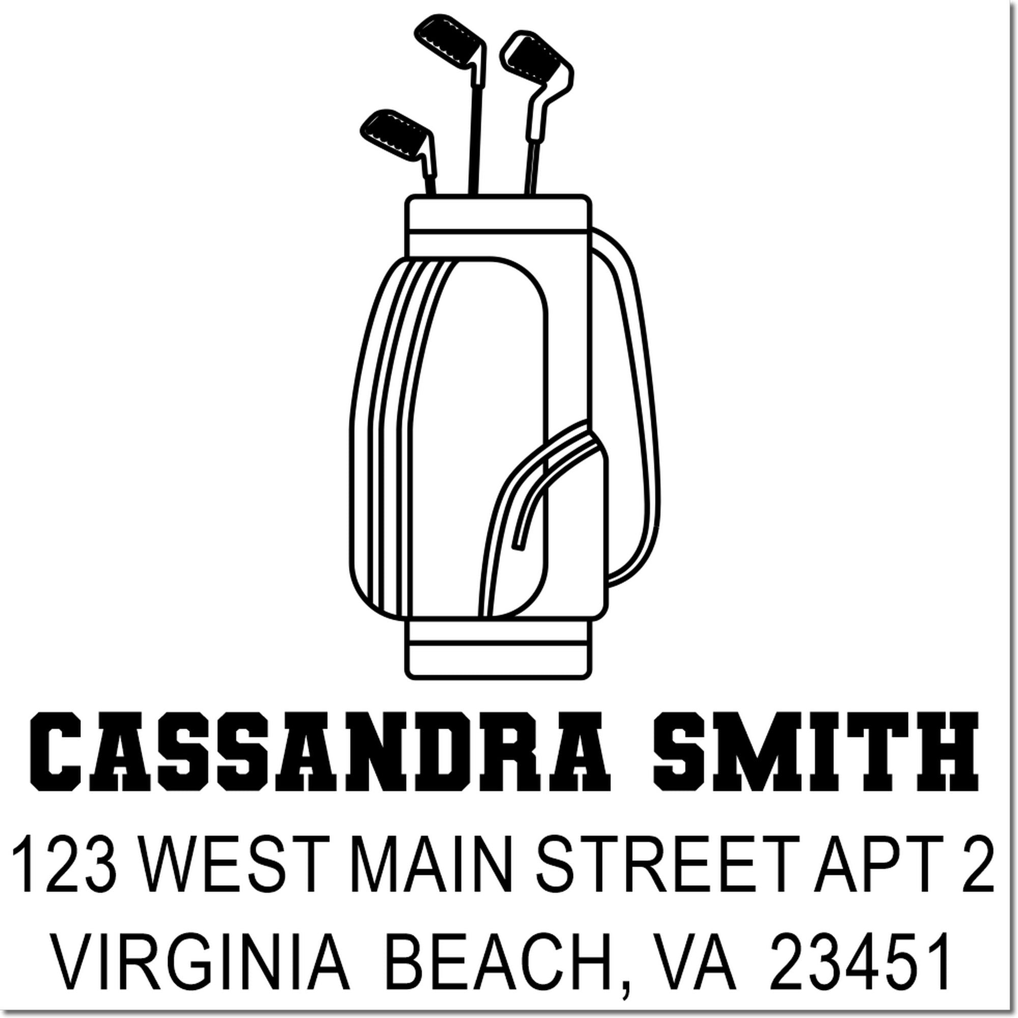 Custom golf bag return address stamp for Cassandra Smith, 123 West Main Street Apt 2, Virginia Beach, VA 23451.