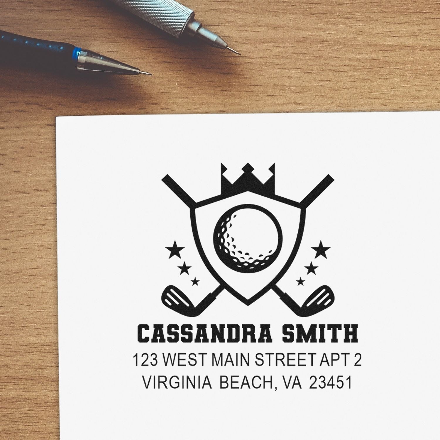 Custom golf return address rubber stamp for Cassandra Smith, Virginia Beach, VA, with personalized name and address.