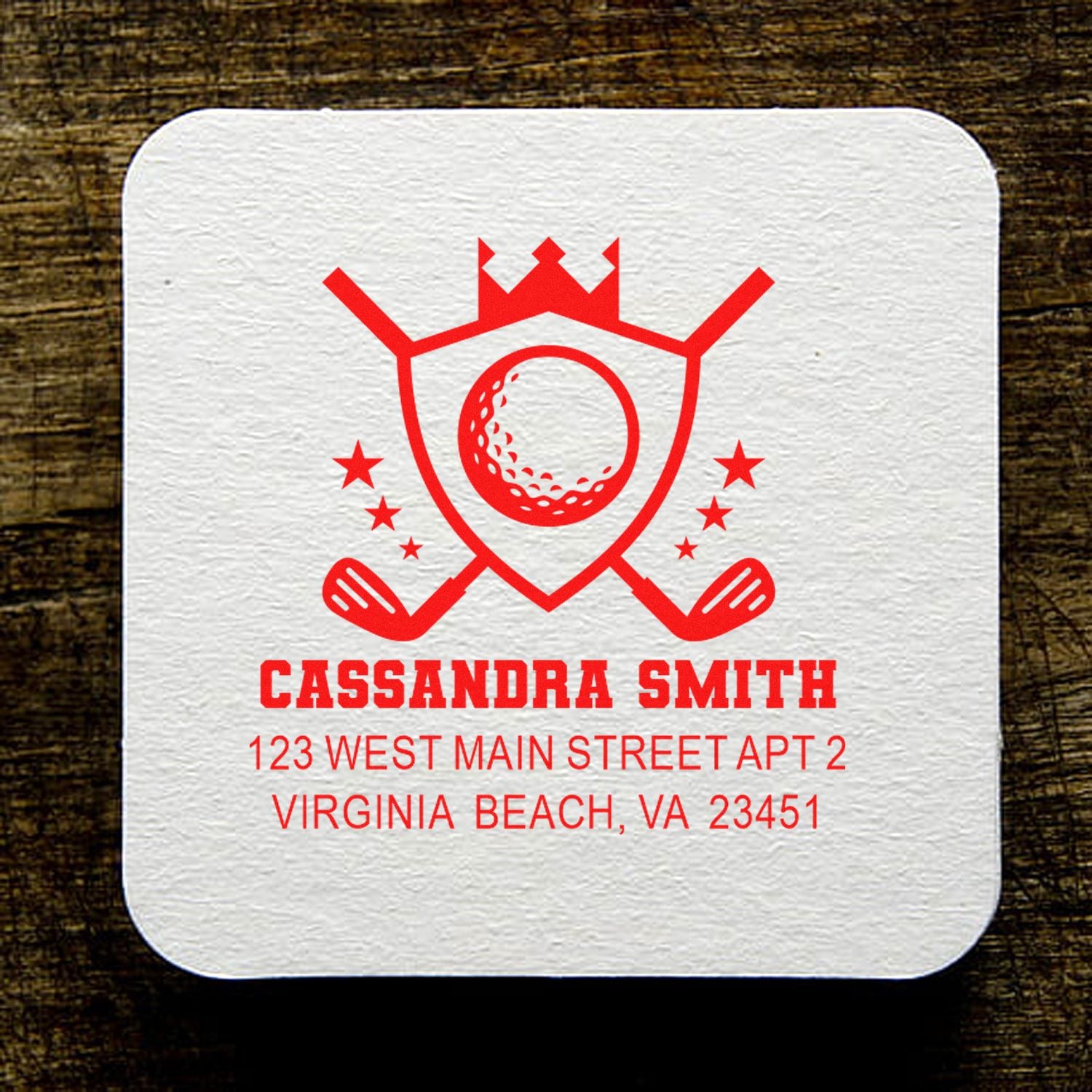 Custom golf address rubber stamp with golfer logo, Cassandra Smith name, and Virginia Beach return address.