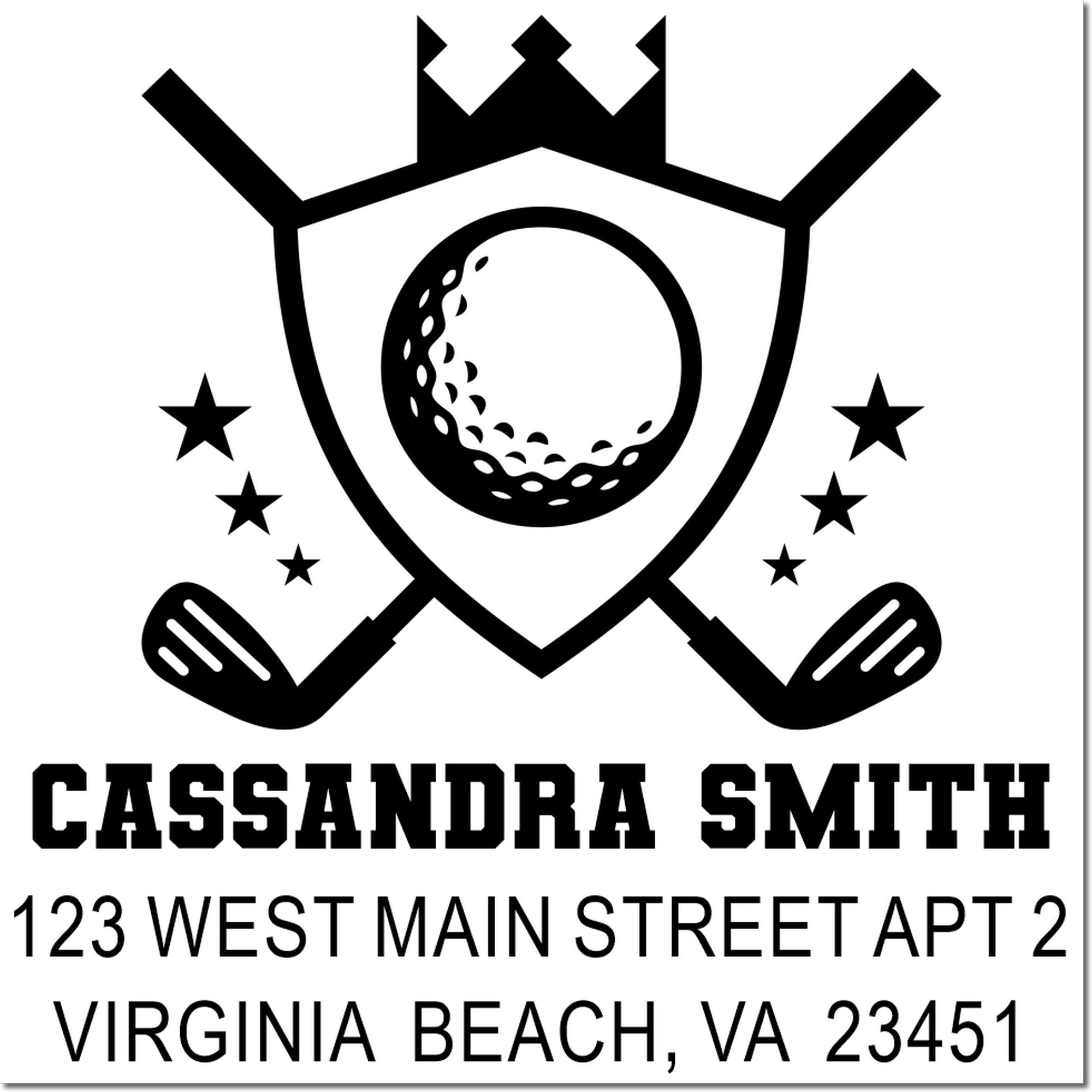 Custom golf rubber stamp for Cassandra Smith with crossed clubs, crowned shield, stars, and Virginia Beach address.