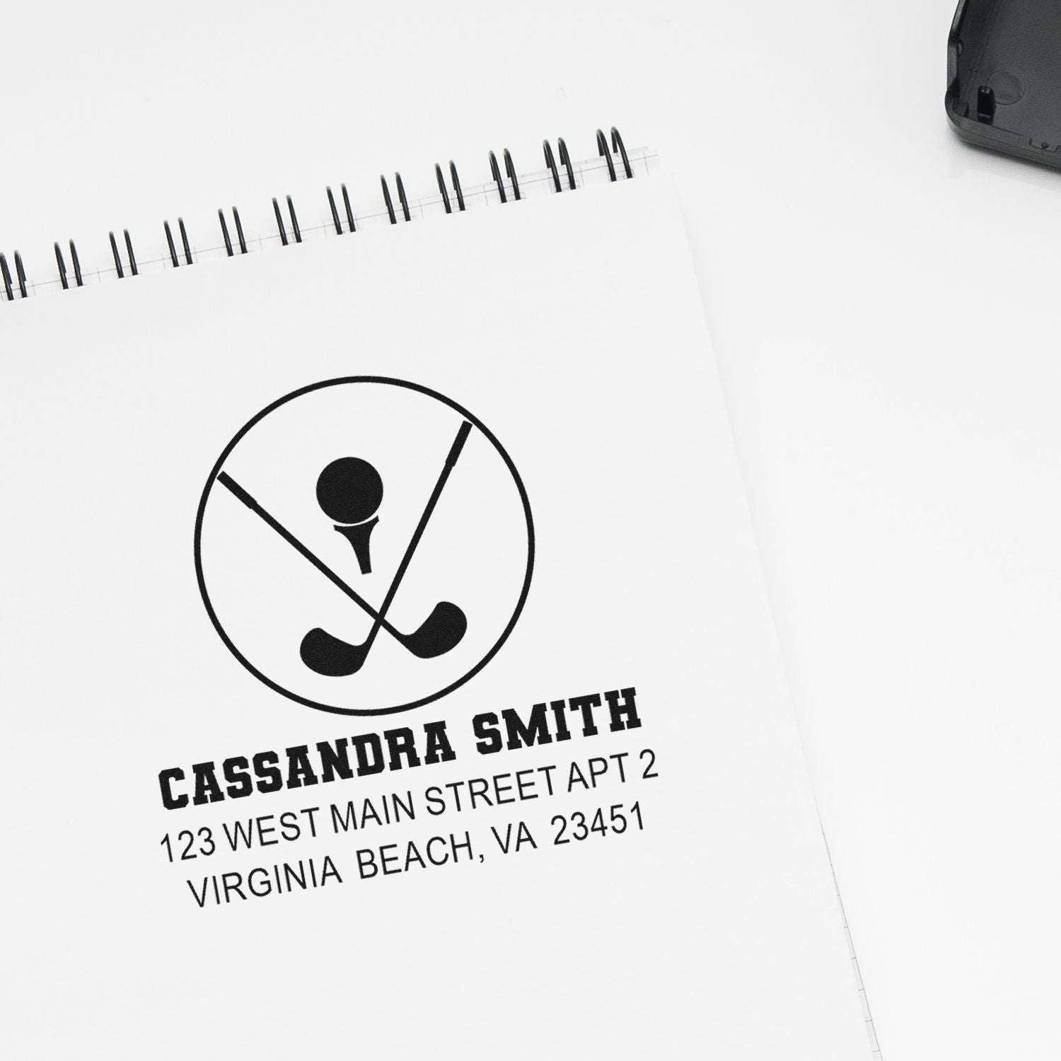 Custom golf return address rubber stamp with name and address for personalized mailing and branding.