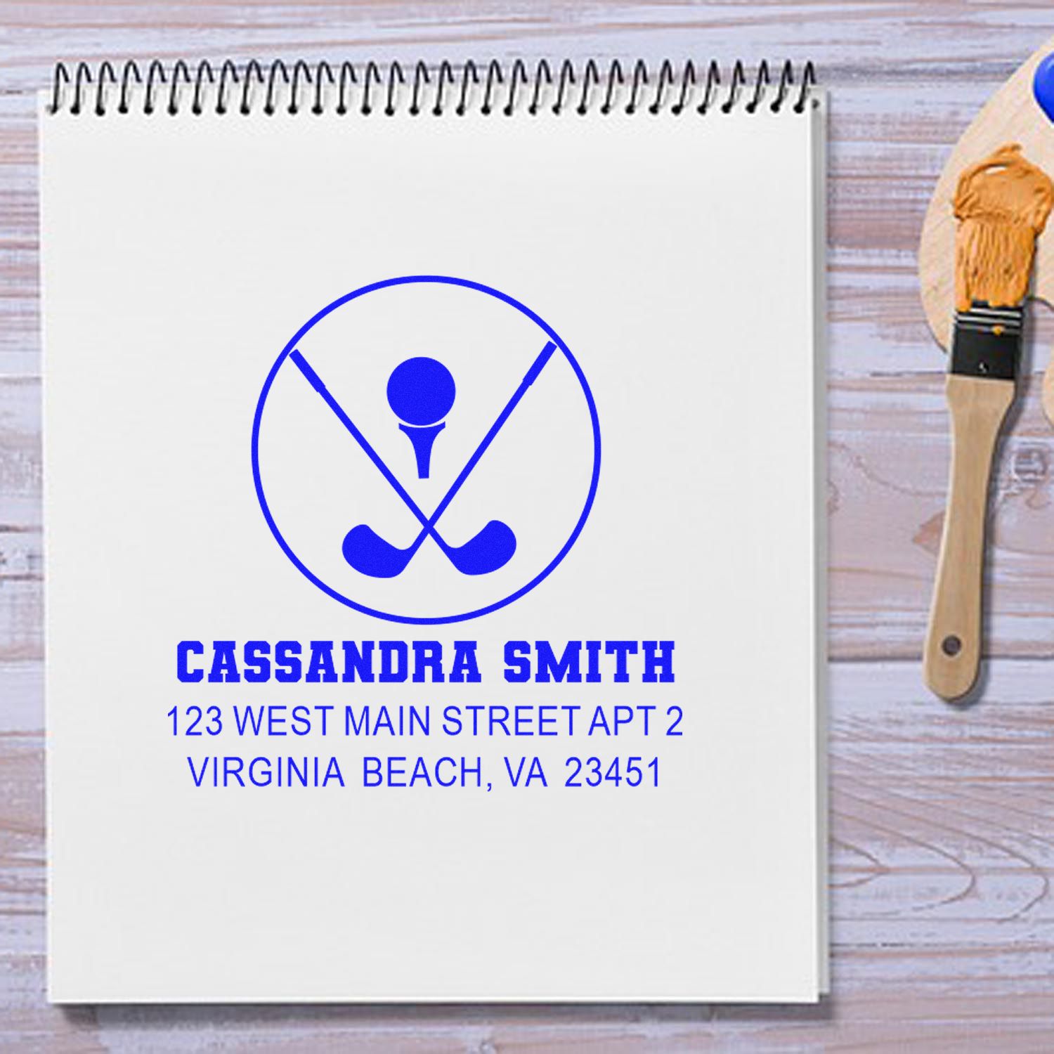 Personalized golf logo address rubber stamp with custom name and mailing details for stationery and club branding