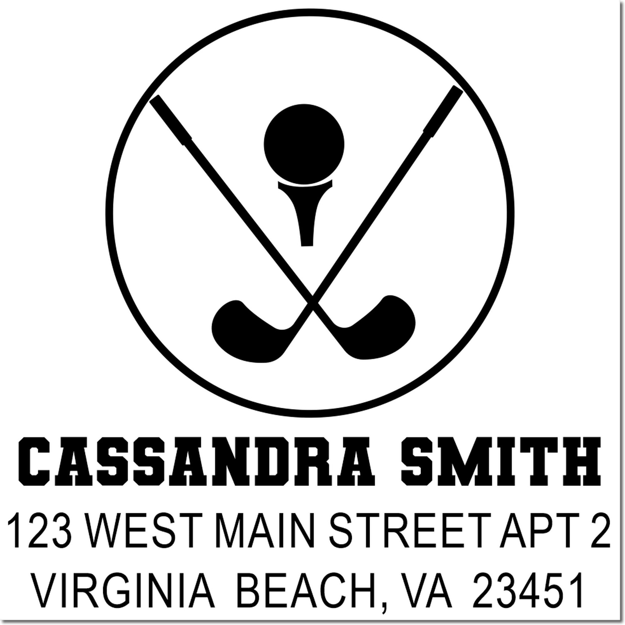 Custom golf-themed return address rubber stamp for Cassandra Smith, Virginia Beach, VA 23451.