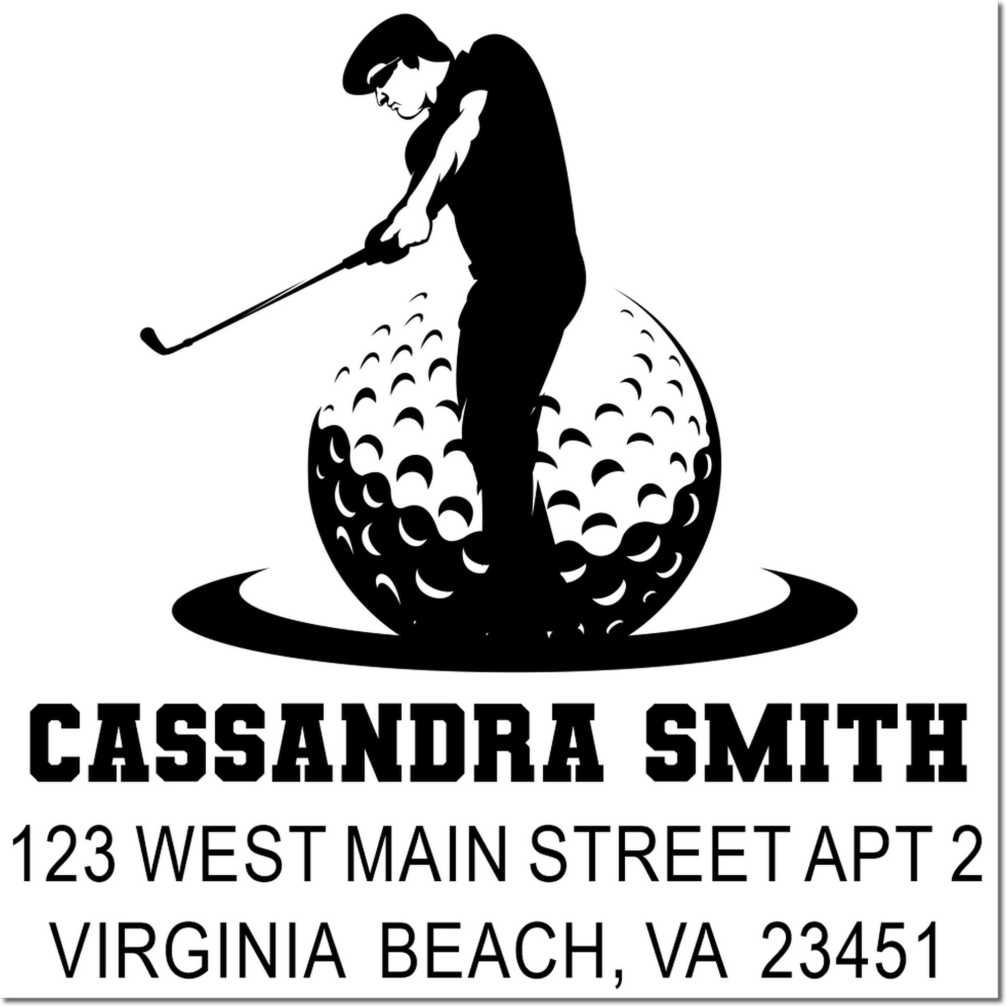 Custom golf return address rubber stamp for Cassandra Smith, 123 West Main Street Apt 2, Virginia Beach, VA 23451