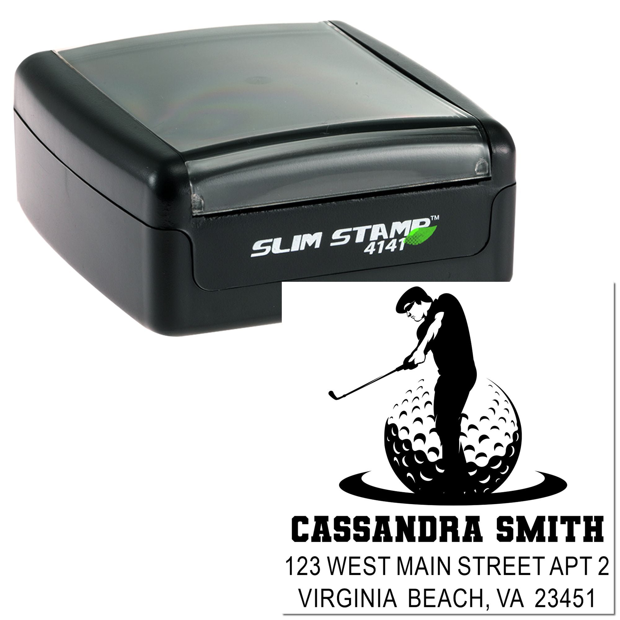 Custom self-inking golf address stamp with personalized name and return address for rubber stamping.