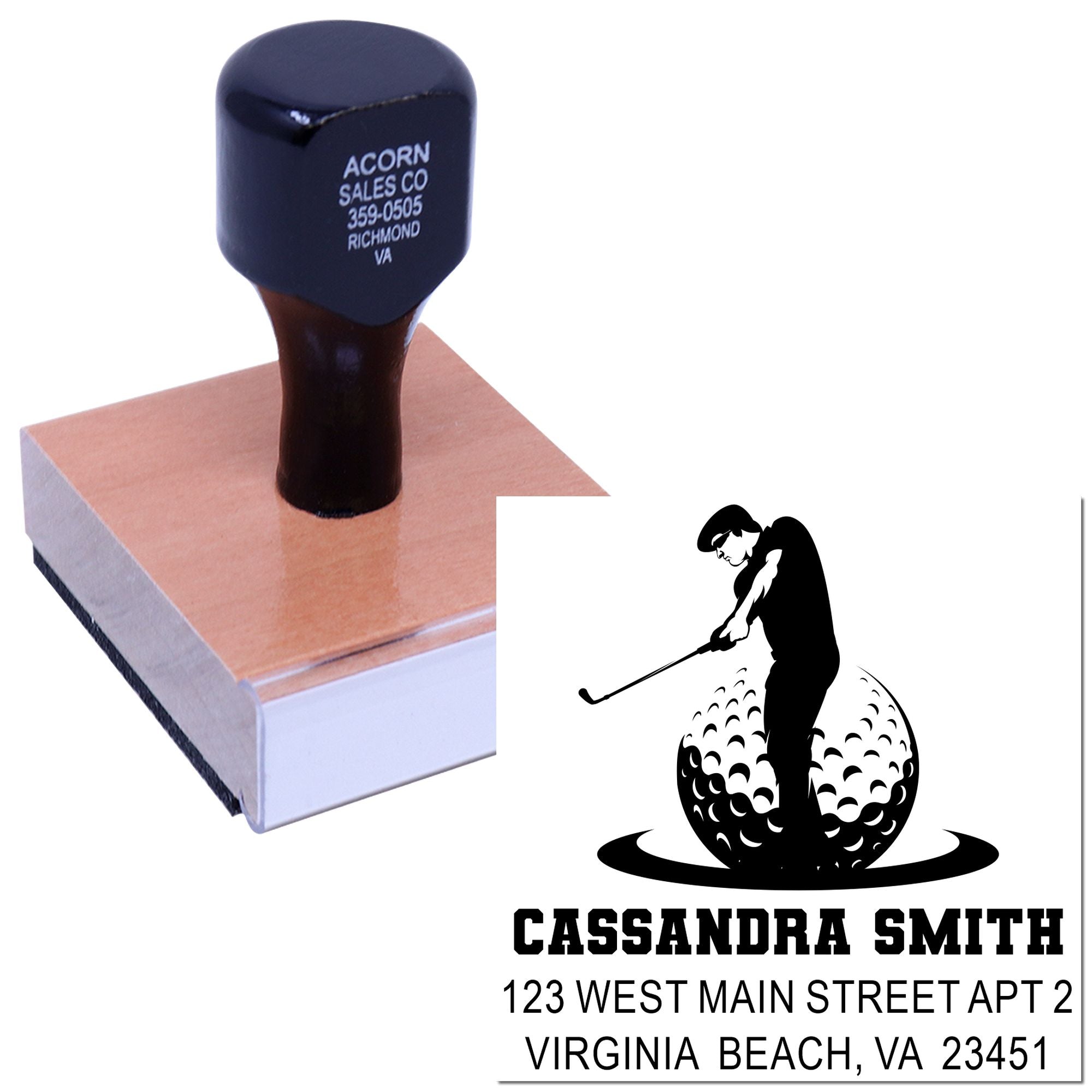 Custom golf address rubber stamp with golfer design, personalized with Cassandra Smith return address in Virginia Beach.