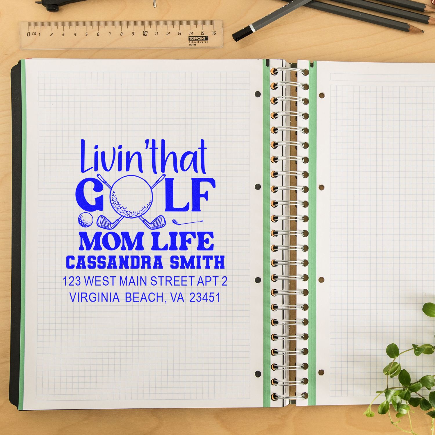 Custom golf mom return address rubber stamp in blue ink on planner paper, featuring personalized name and Virginia Beach address.