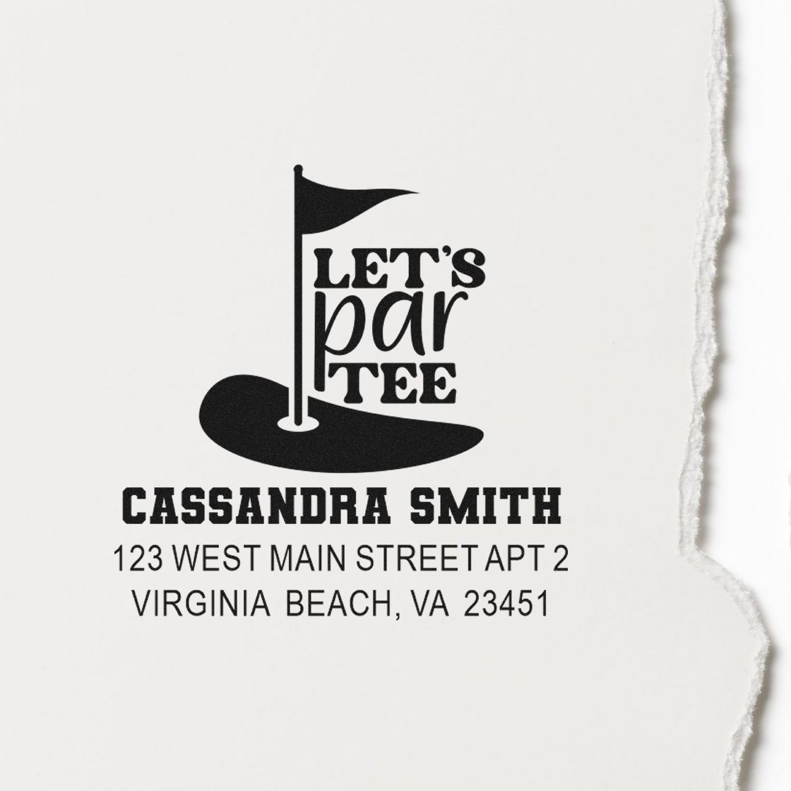 Custom golf-themed return address rubber stamp with Lets par tee design, name, and Virginia Beach address.
