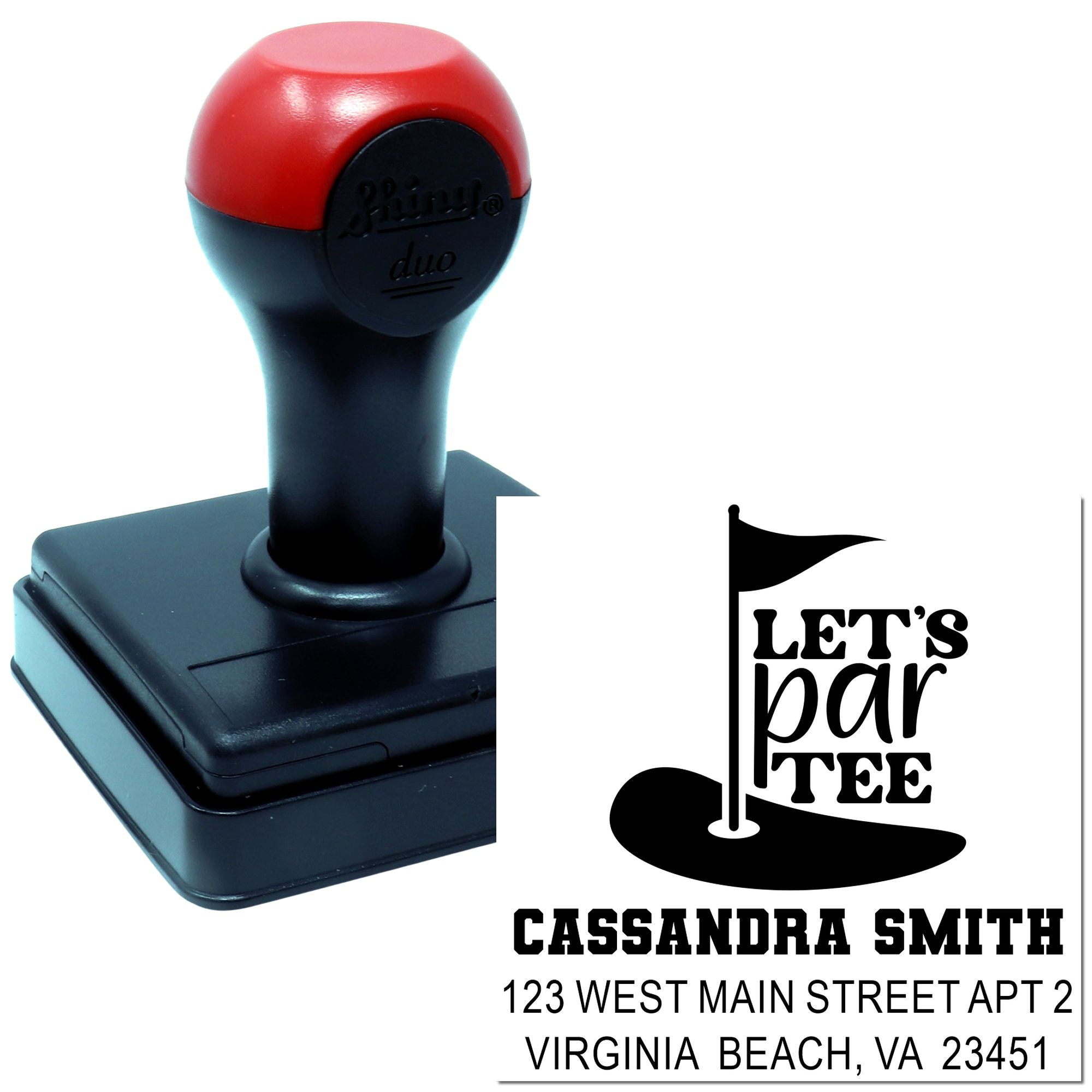 Custom self-inking rubber stamp with golf-themed return address design, personalized for mailing and invitations.