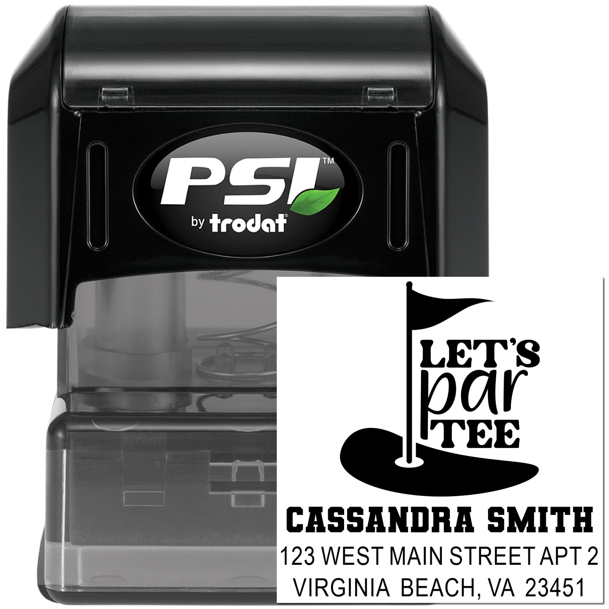 Custom golf address rubber stamp with Lets parTEE design, name and address, PSI by Trodat self-inking stamp.