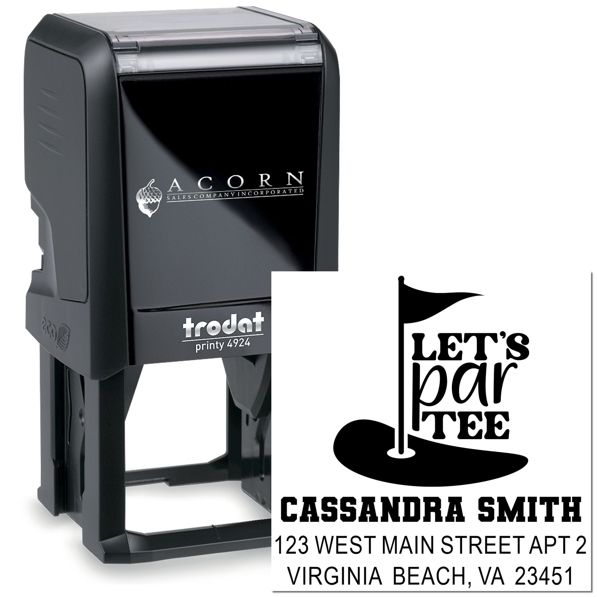 Trodat Printy 4924 custom self-inking rubber stamp with Lets parTEE design and return address for party invitations.