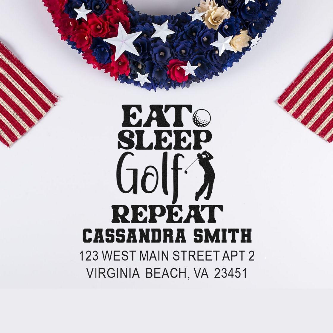 Golf-themed return address rubber stamp for Cassandra Smith, Virginia Beach, VA, with Eat Sleep Golf Repeat design.