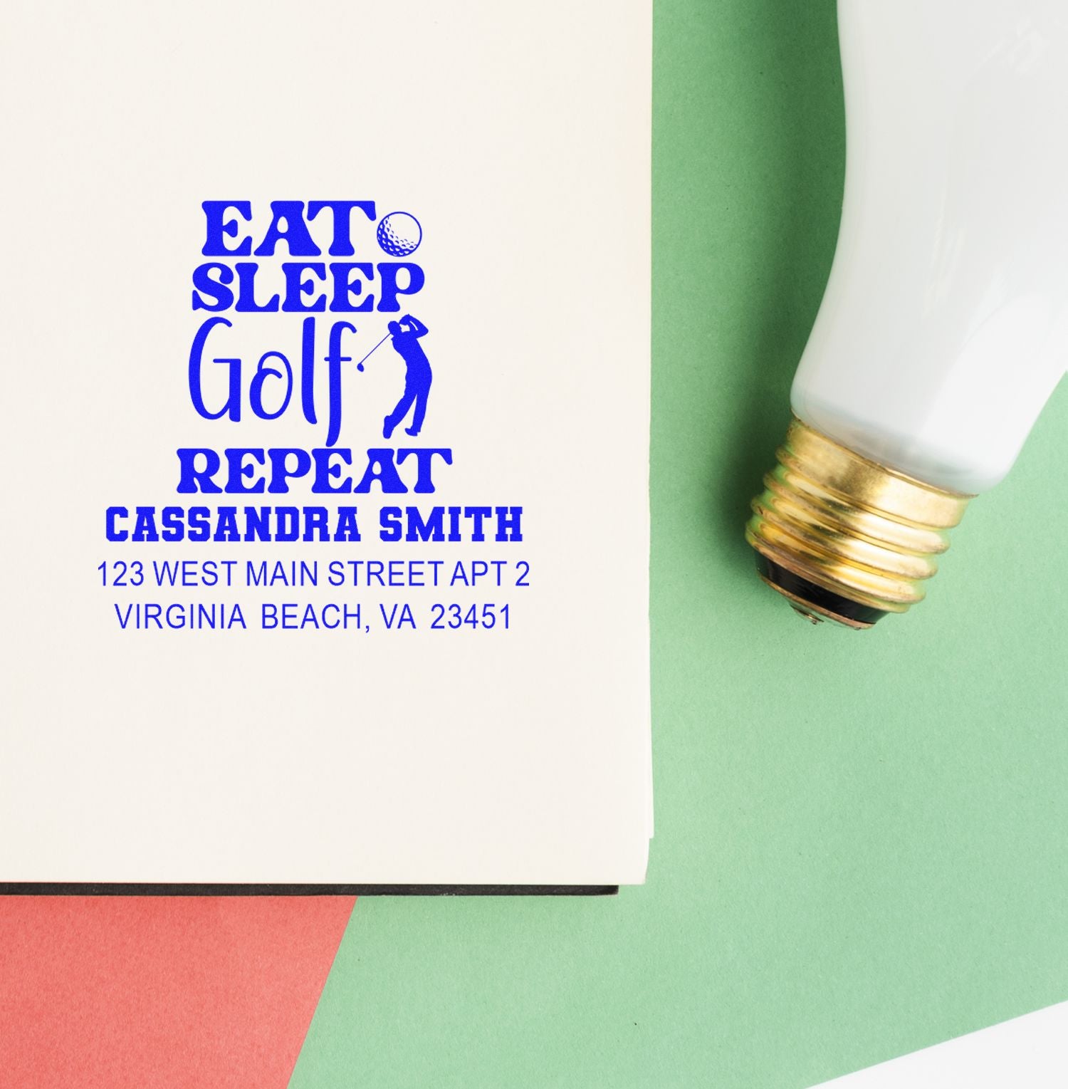 Custom golf return address rubber stamp with Eat Sleep Golf Repeat design for personalized stationery.