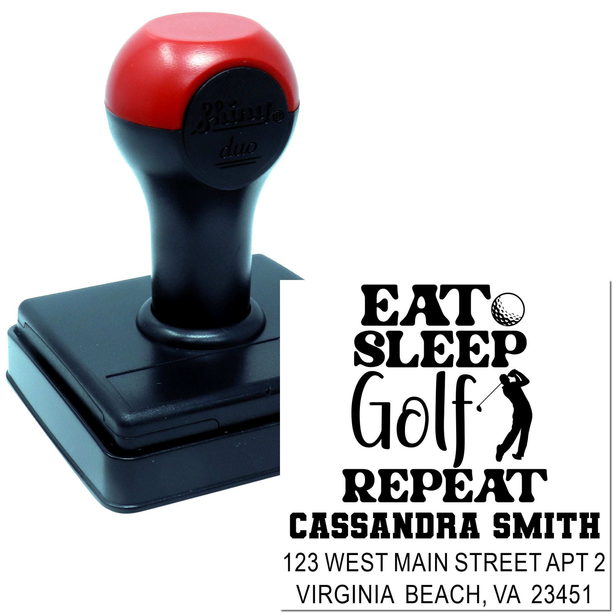 Custom self-inking rubber stamp for golfers, featuring Eat Sleep Golf Repeat with personalized name and address imprint.