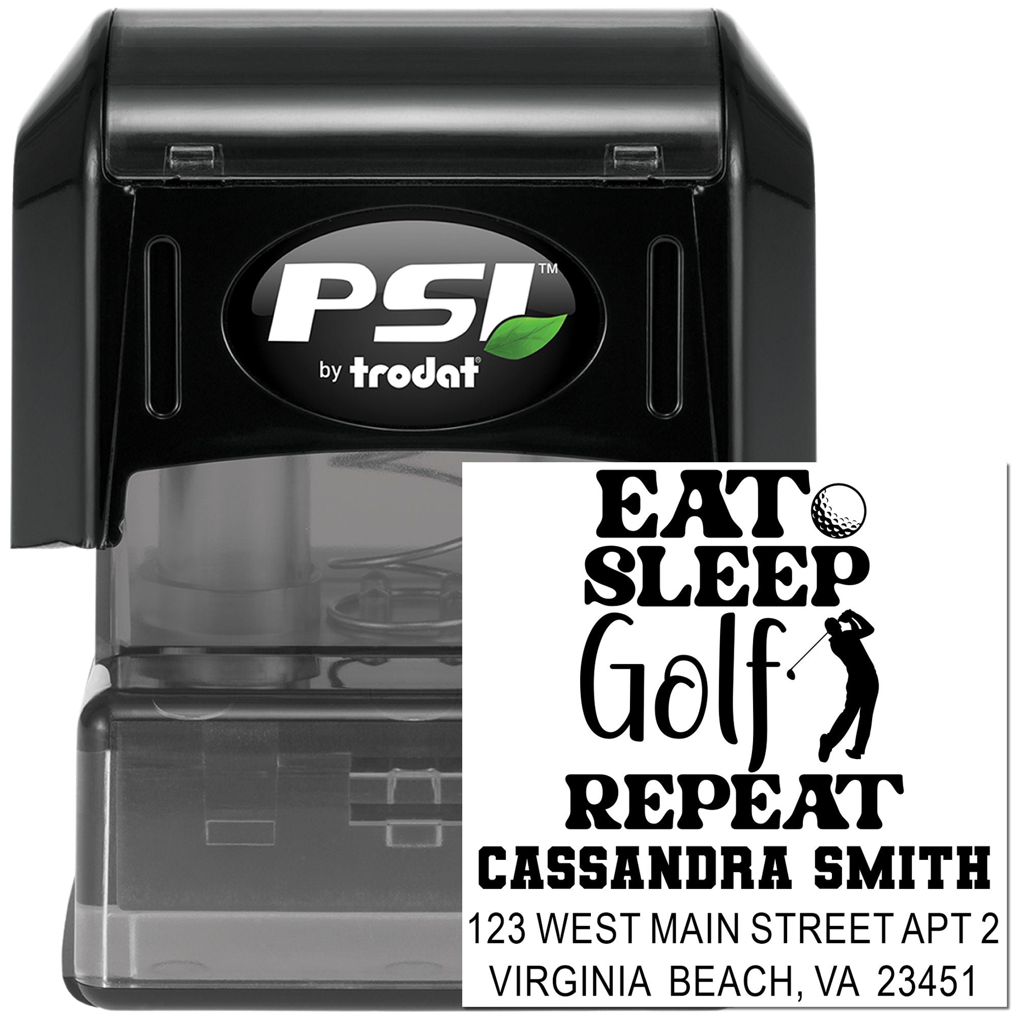 PSI by Trodat self-inking custom golf rubber stamp with Eat Sleep Golf Repeat design, name, and address.