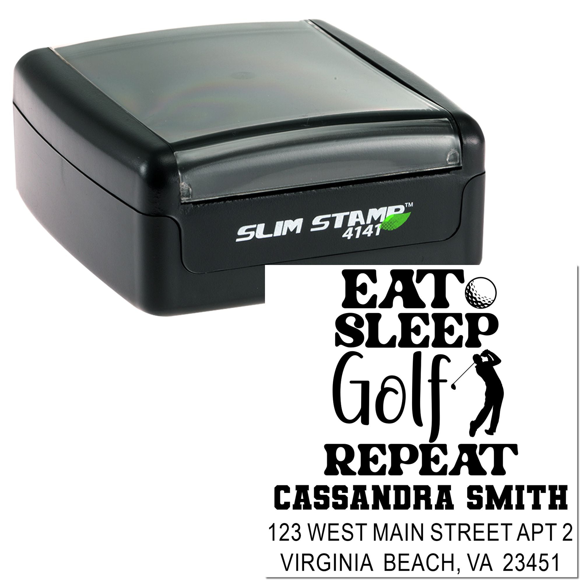 Custom self-inking rubber stamp with Eat Sleep Golf Repeat design and personalized name and address for golf lovers.