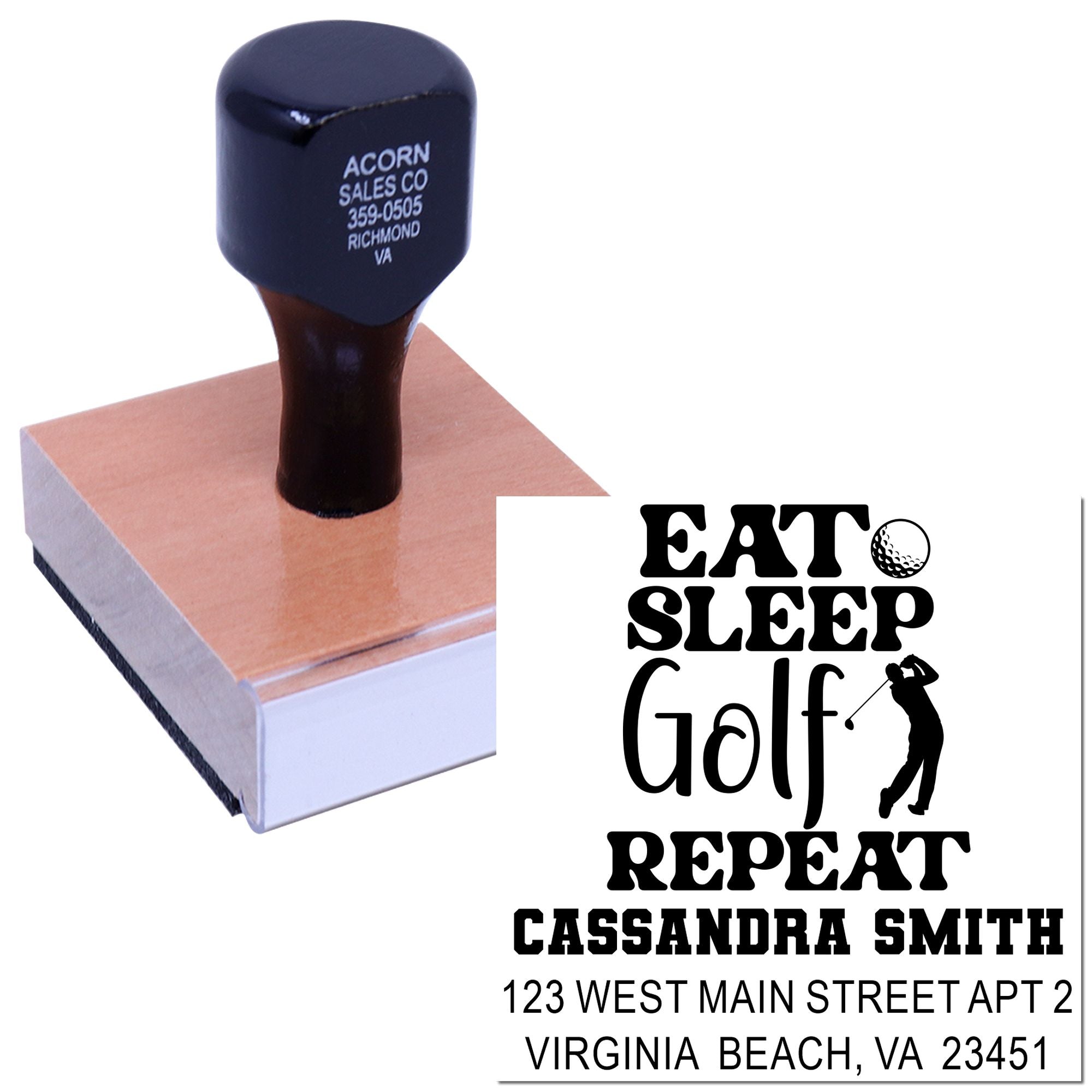 Personalized golf return address rubber stamp with Eat Sleep Golf Repeat design, name, and mailing address.