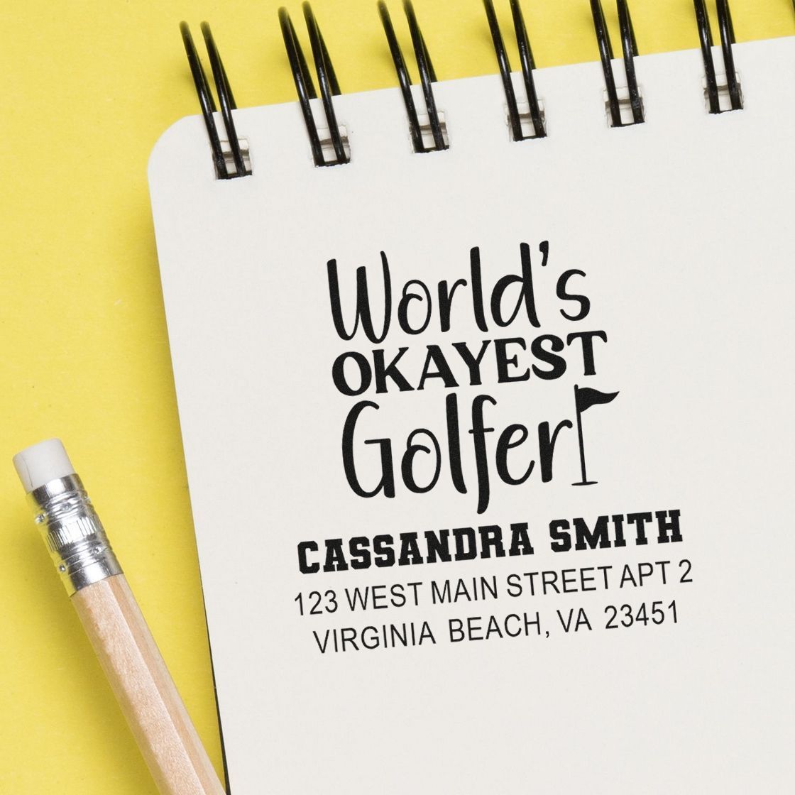 Personalized rubber address stamp for Worlds Okayest Golfer, featuring name and address for custom golf gifts.