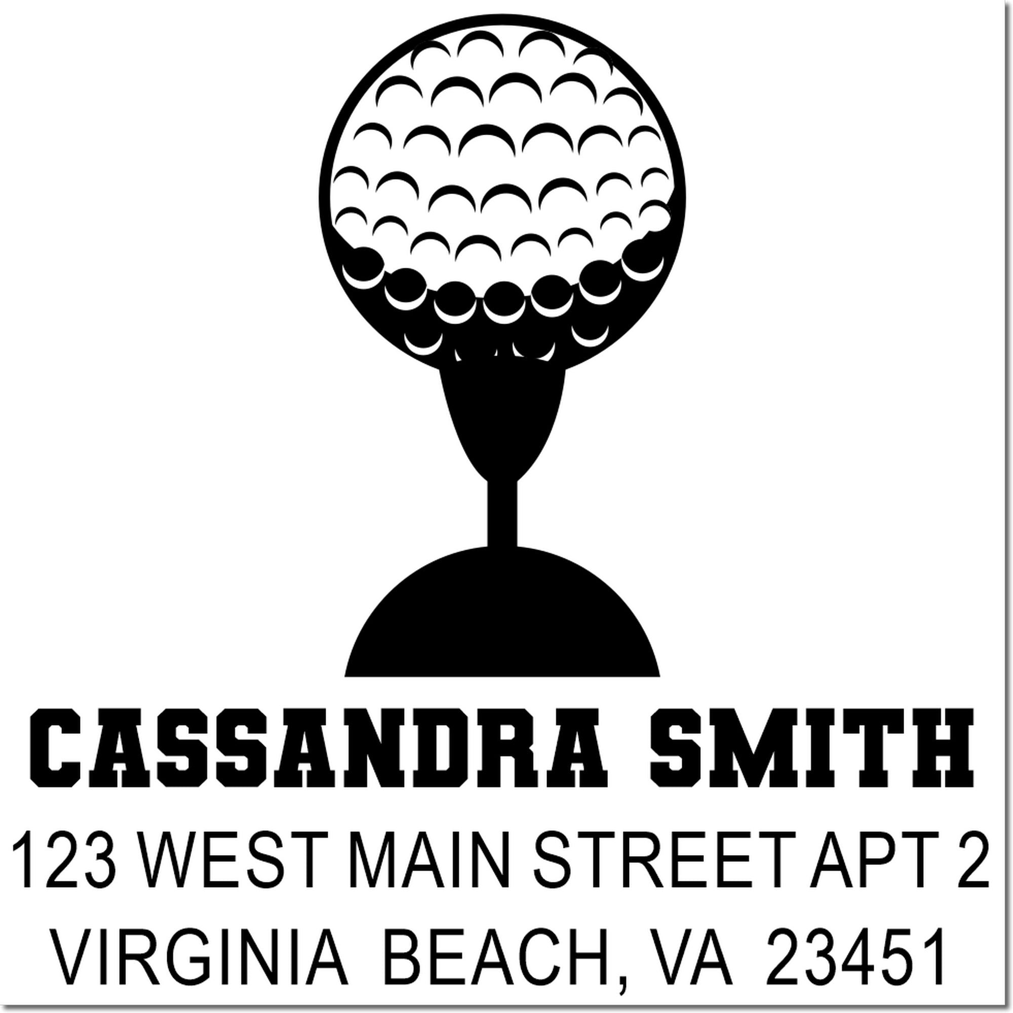 Custom golf ball return address rubber stamp for Cassandra Smith, 123 West Main St Apt 2, Virginia Beach, VA 23451.