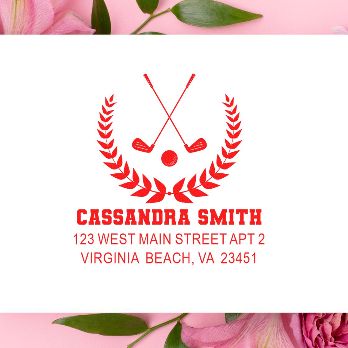Custom golf return address rubber stamp for Cassandra Smith, Virginia Beach, VA, with crossed clubs and laurel design.