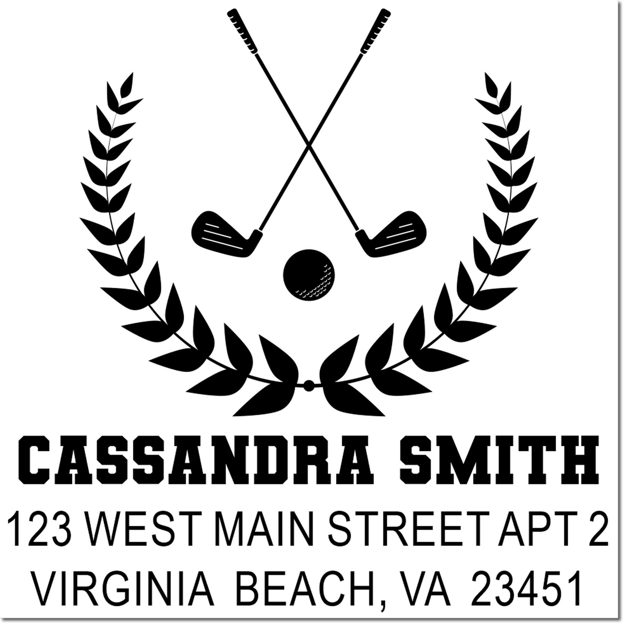 Personalized golf rubber stamp with crossed clubs, laurel wreath, and Cassandra Smith Virginia Beach return address.