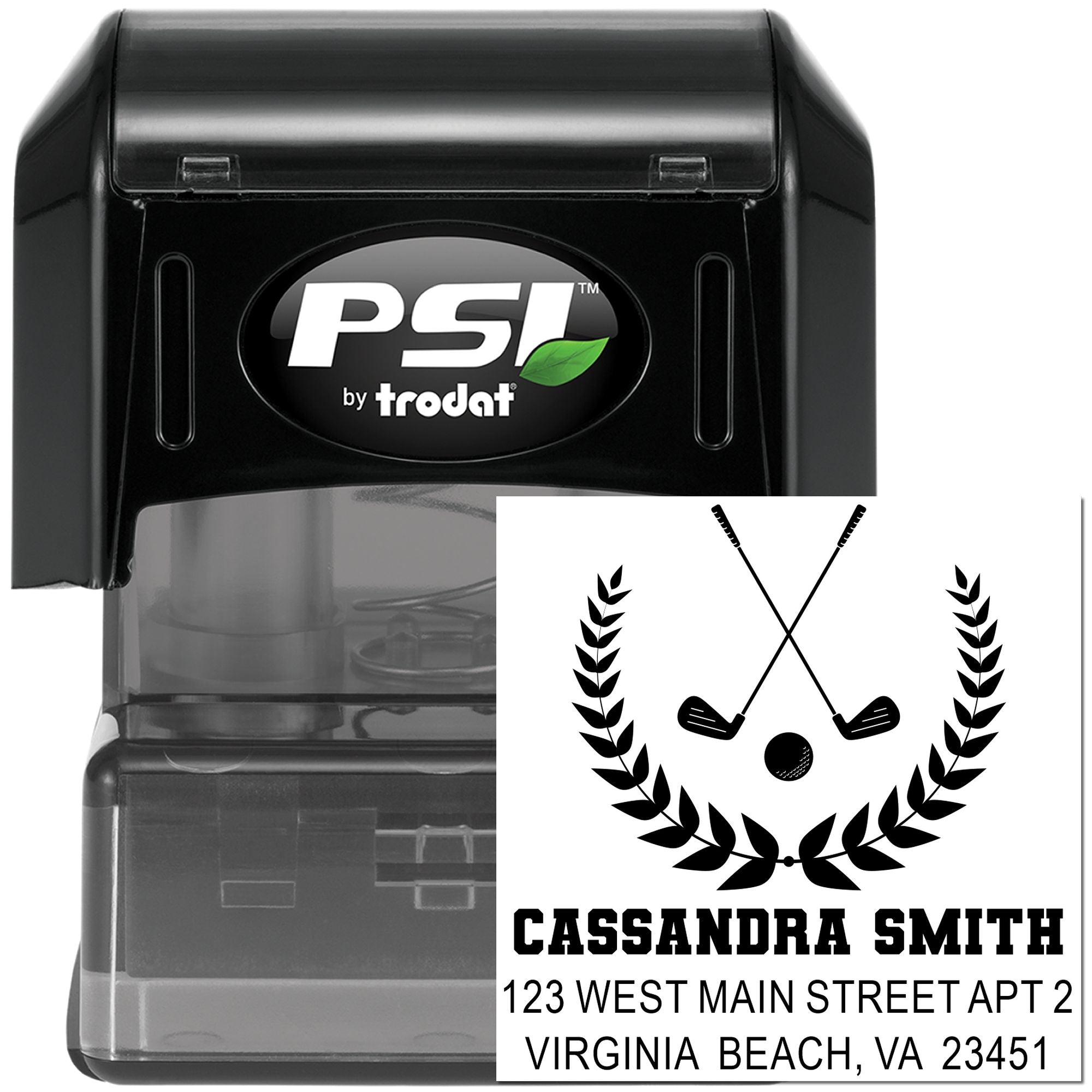 PSI by Trodat self-inking custom rubber address stamp with golf monogram design and personalized name example