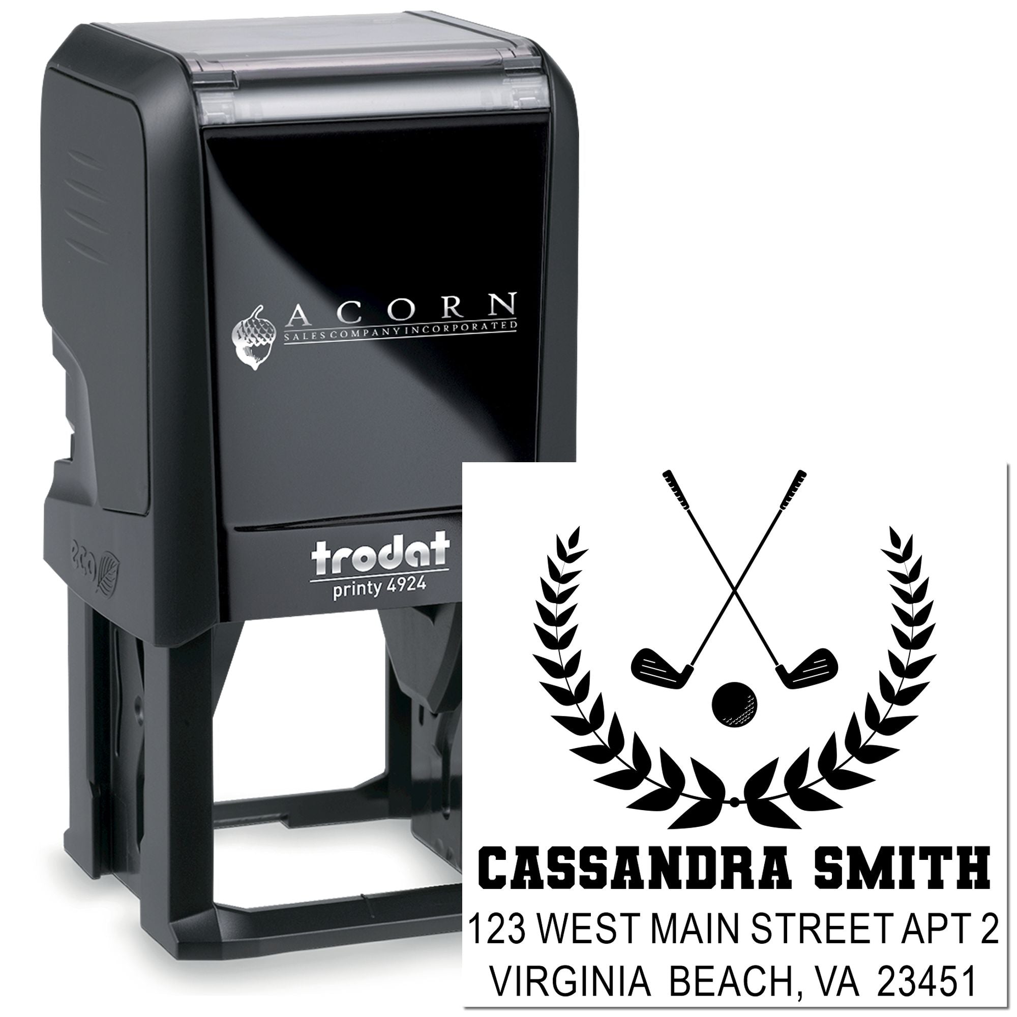 Personalized self-inking rubber stamp with golf crest, custom name, and return address for Virginia Beach, VA.