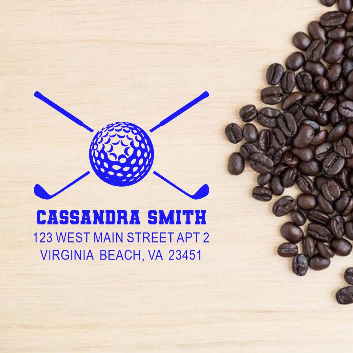 Custom golf address rubber stamp with crossed clubs and Virginia Beach address for personalized mail and stationery.