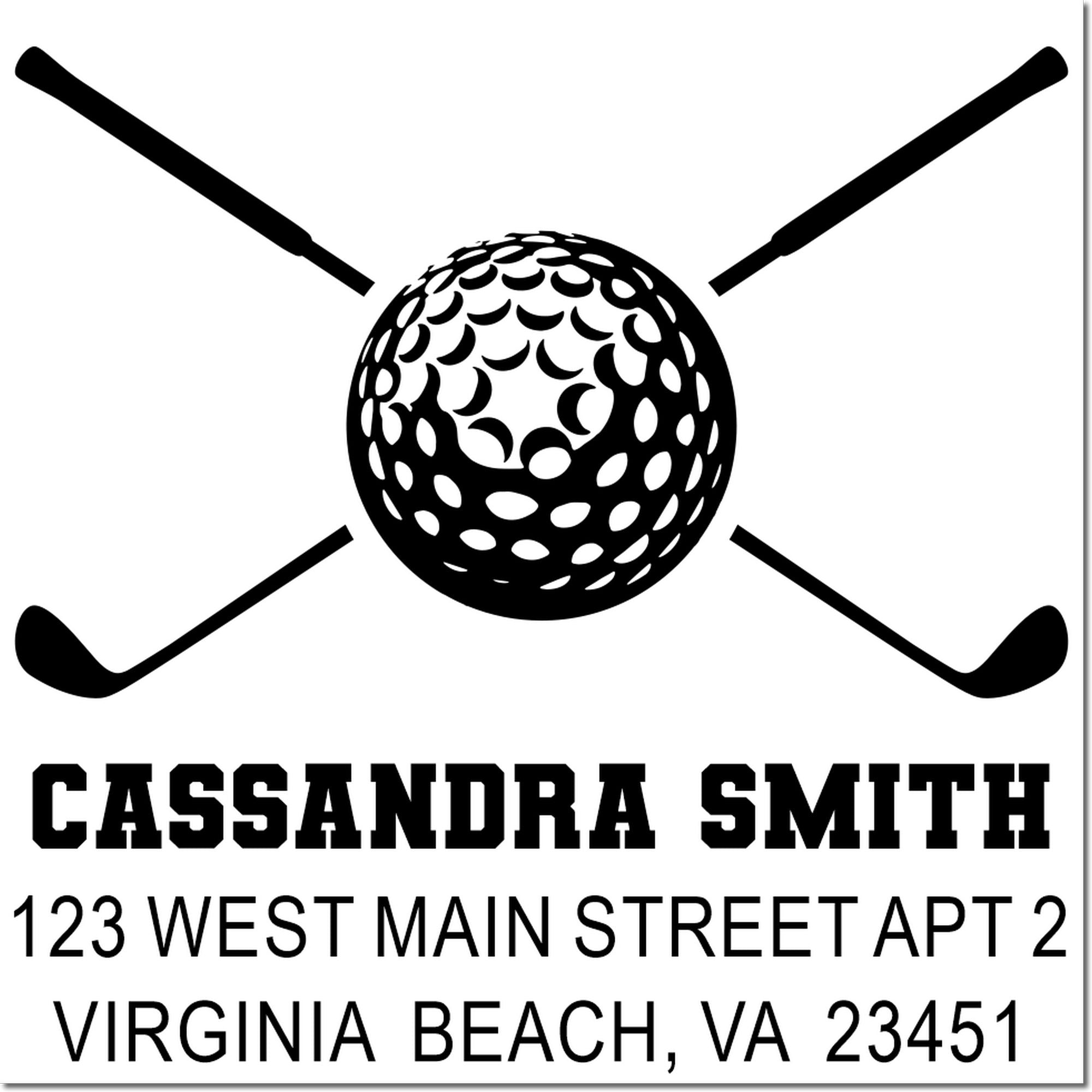 Custom golf return address rubber stamp with crossed clubs, golf ball logo, and Cassandra Smith, Virginia Beach, VA address