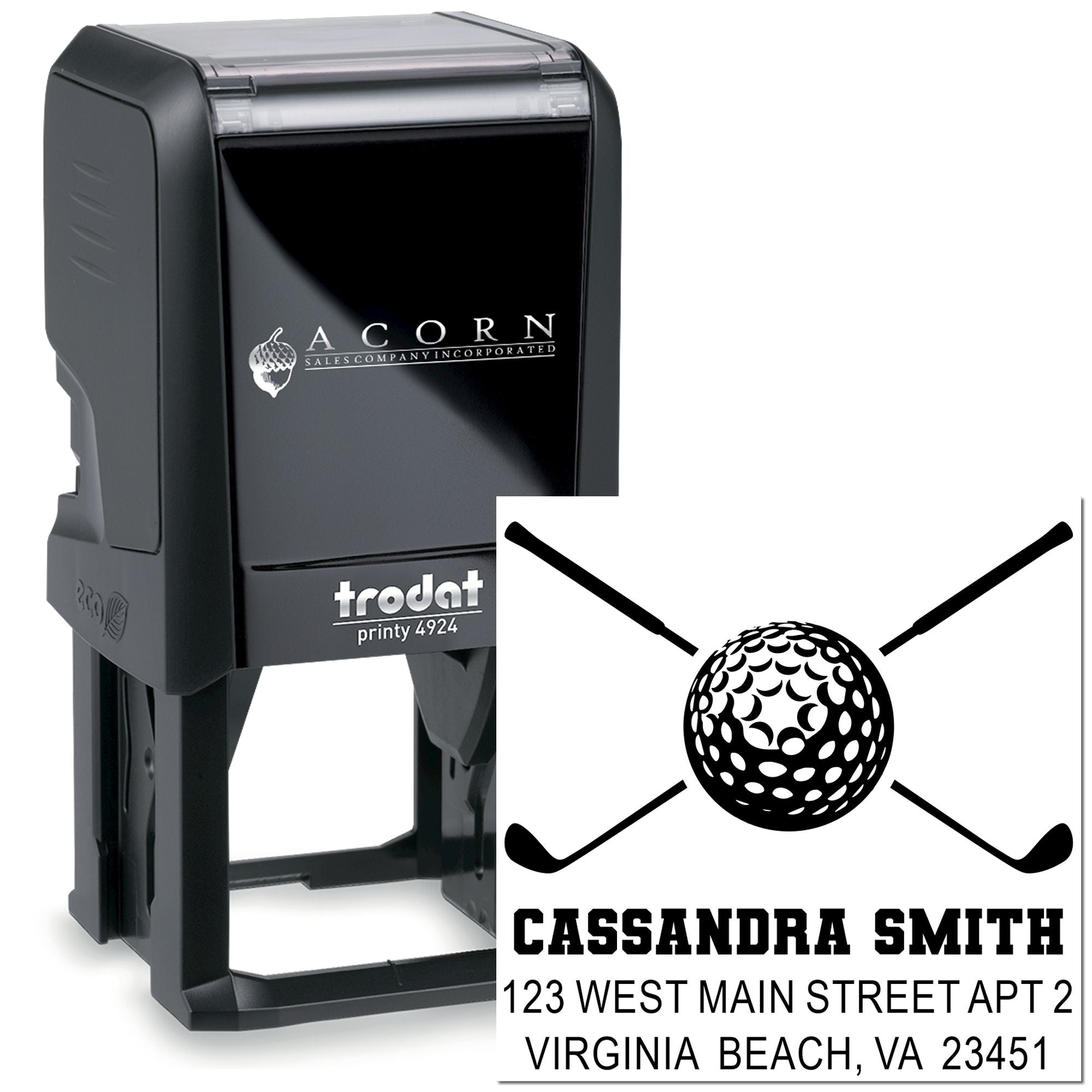 Custom self-inking rubber stamp with golf logo and return address, Trodat Printy 4924 for personalized mail and business use
