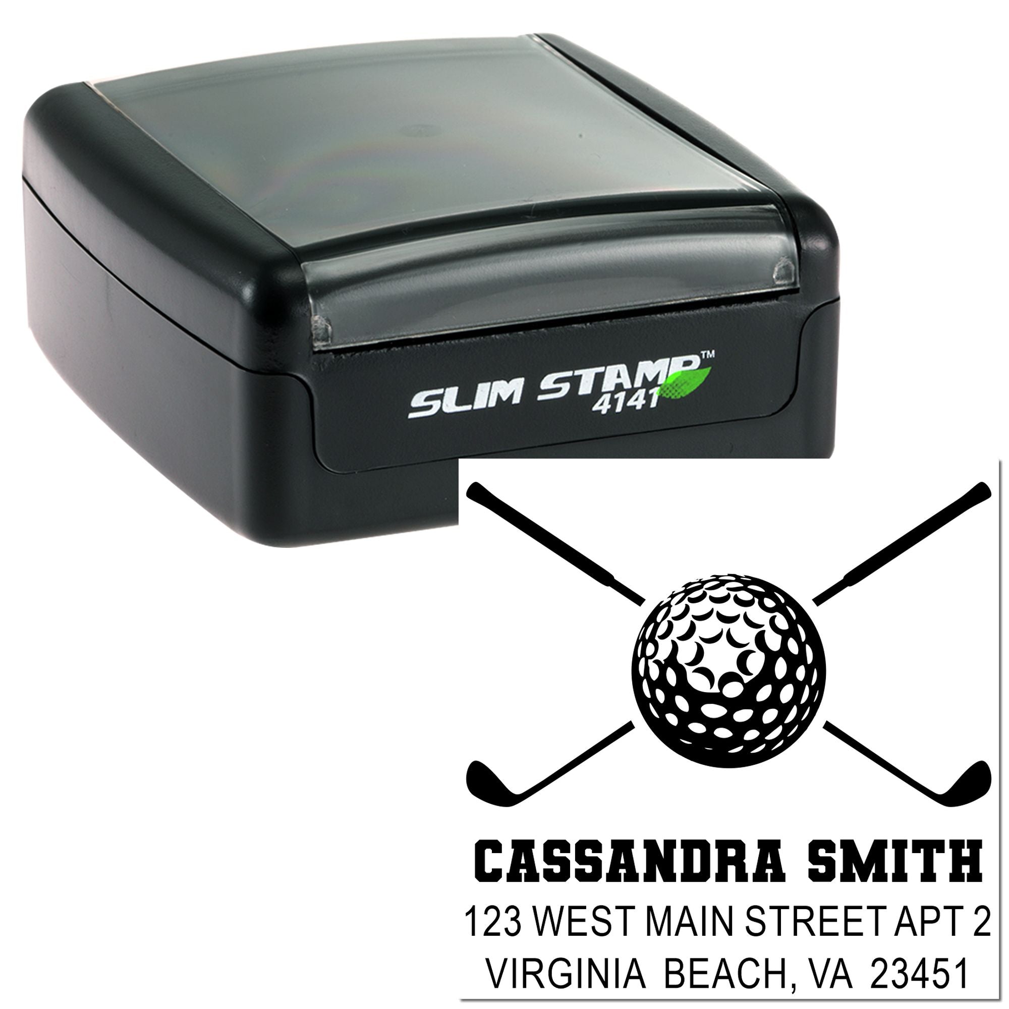 Self-inking Slim Stamp 4141 custom golf address rubber stamp for personalized mailing and sports-themed branding.