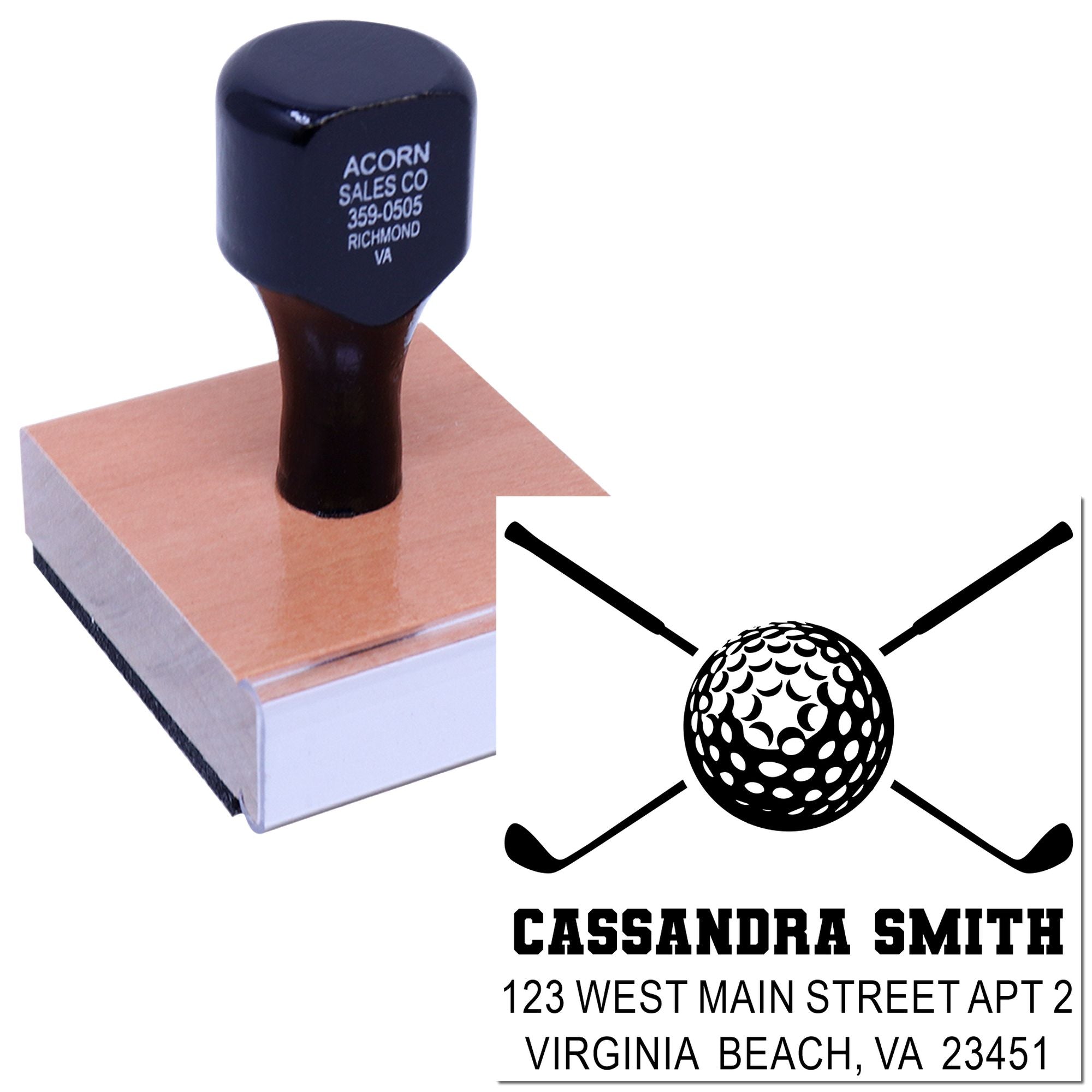 Custom golf rubber stamp with golfer logo and Virginia Beach, VA return address for personalized mail