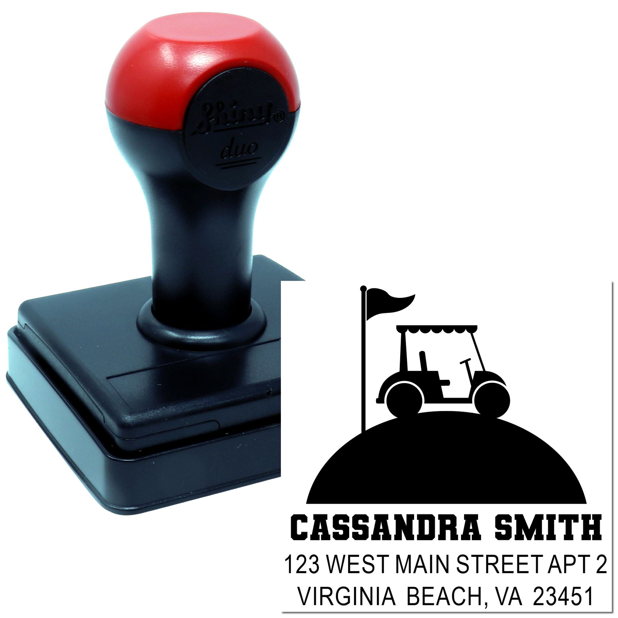Custom self-inking rubber address stamp with golf cart logo and Virginia Beach address