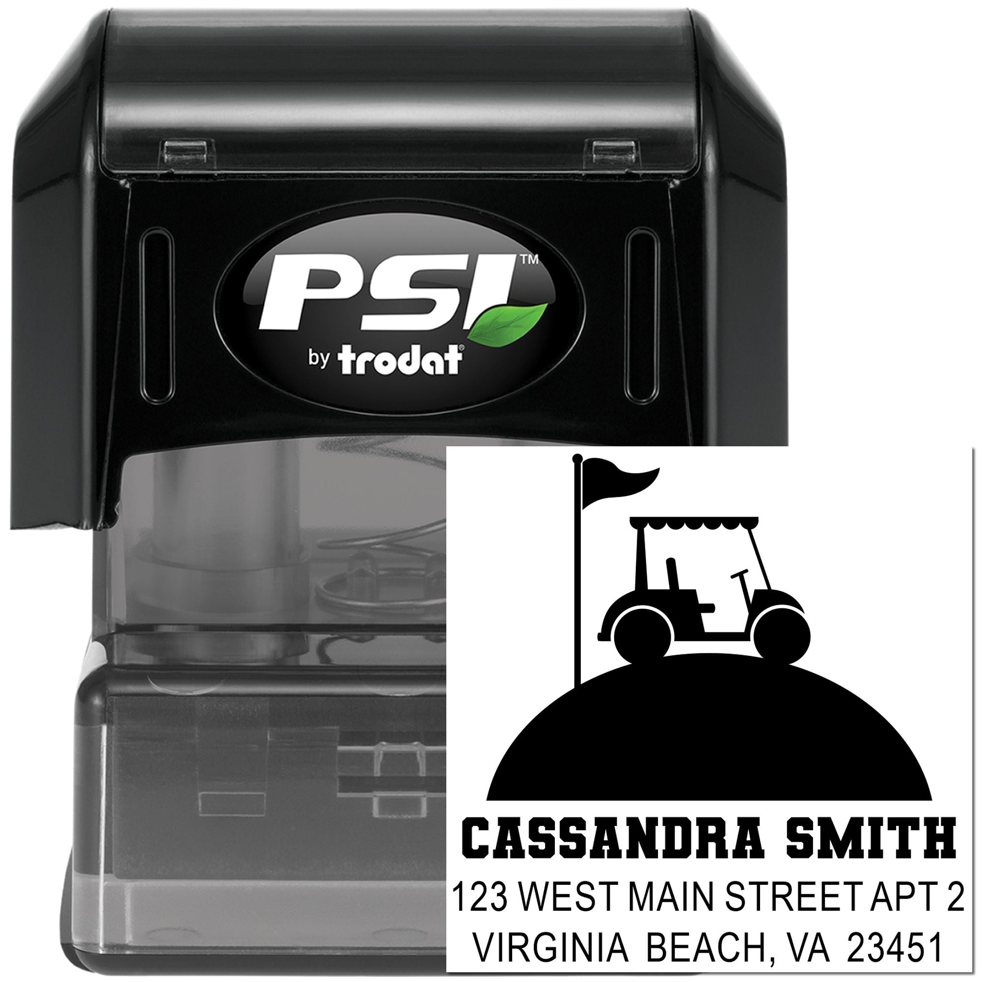 PSI by Trodat custom self-inking rubber stamp with golf cart logo, name, and address for mailing and business use