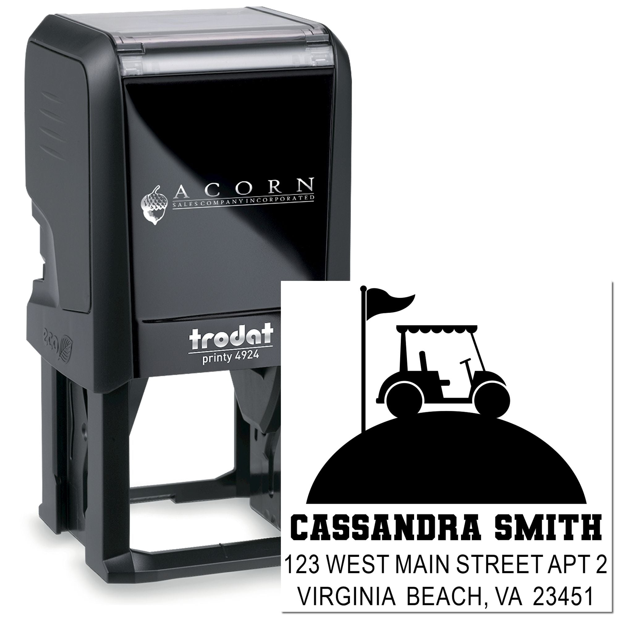 Custom self-inking address rubber stamp with golf cart logo, Cassandra Smith name, and Virginia Beach, VA address.