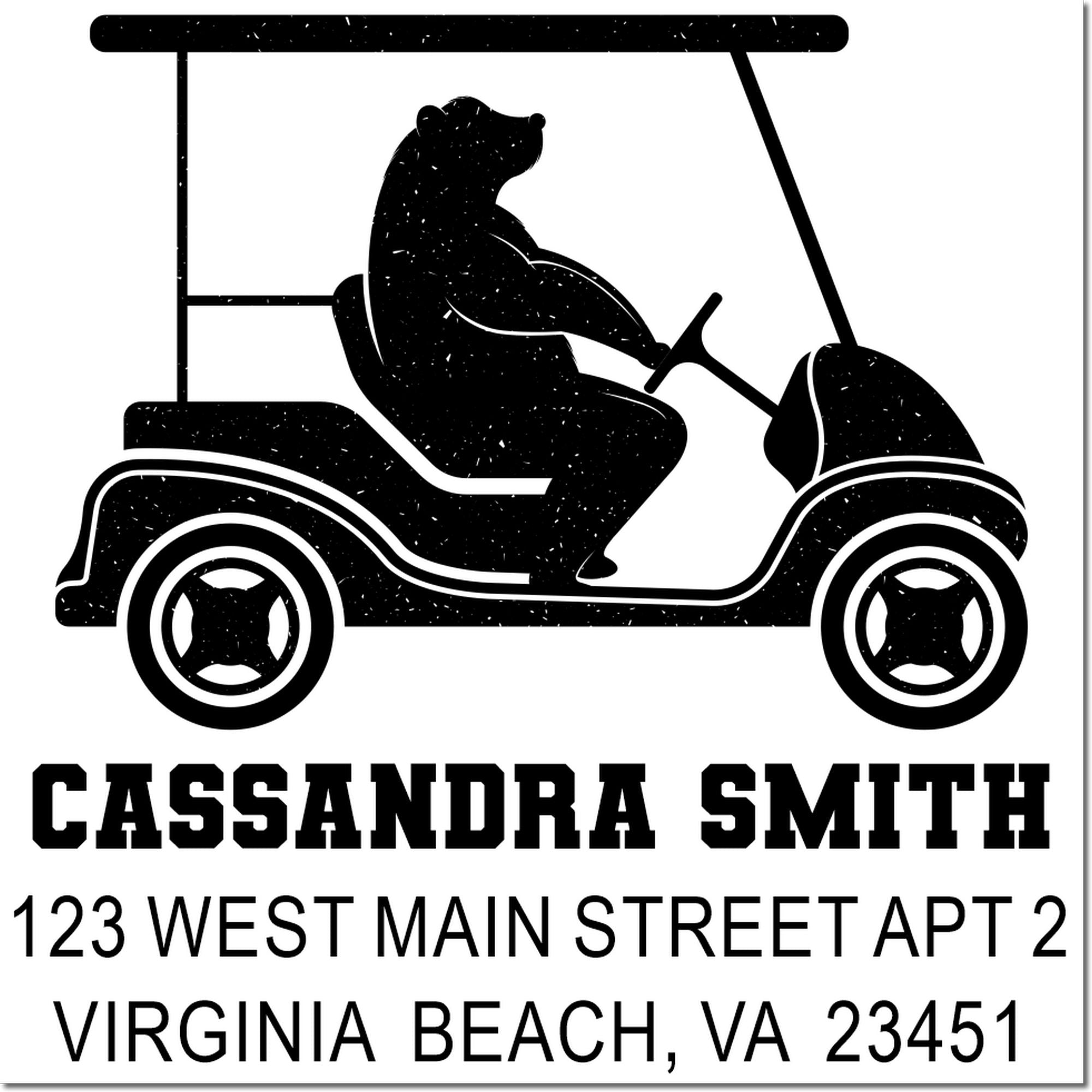 Custom rubber stamp with bear in golf cart, Cassandra Smith name, and Virginia Beach, VA return address.