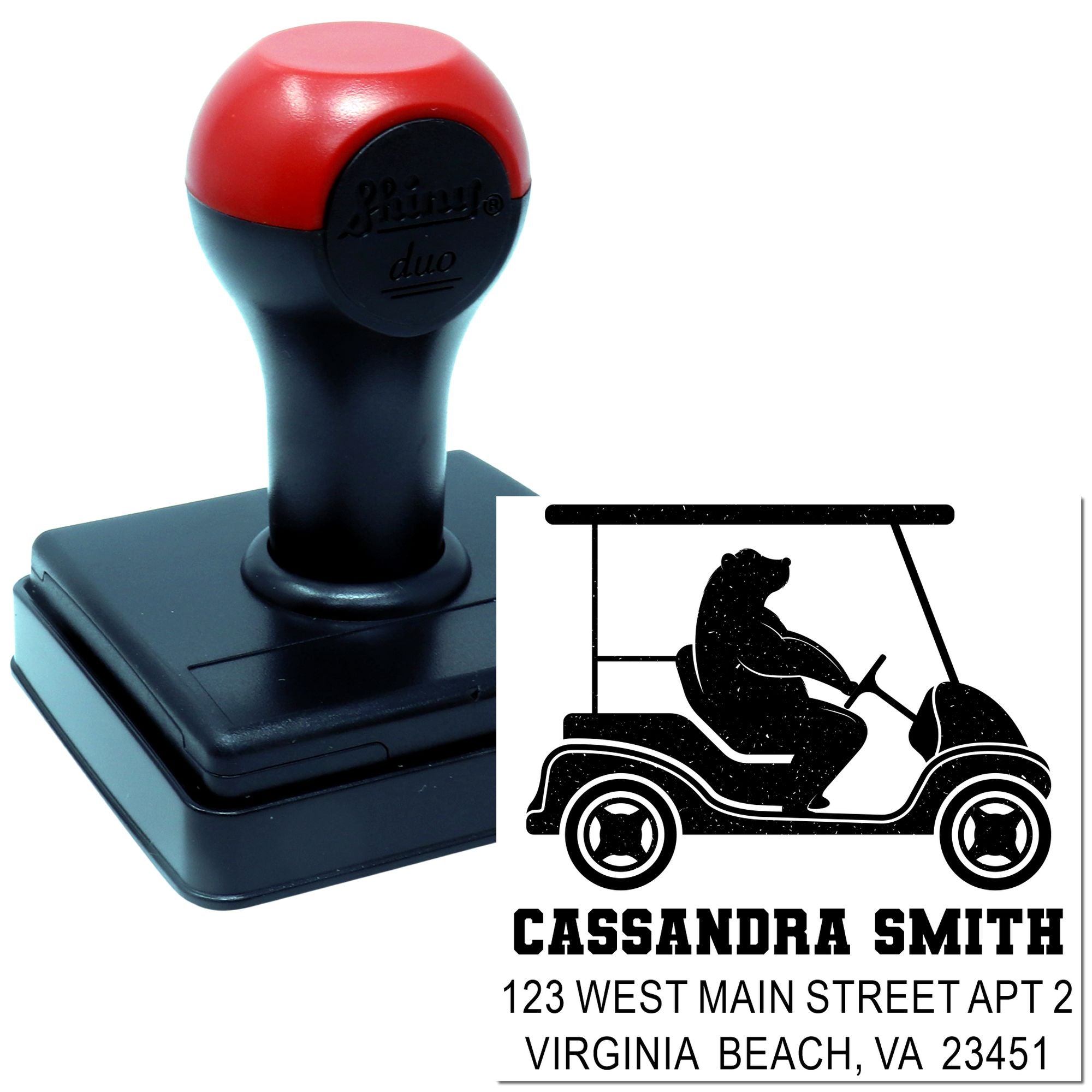 Custom self-inking rubber address stamp with golf cart design for Cassandra Smith, Virginia Beach, VA.