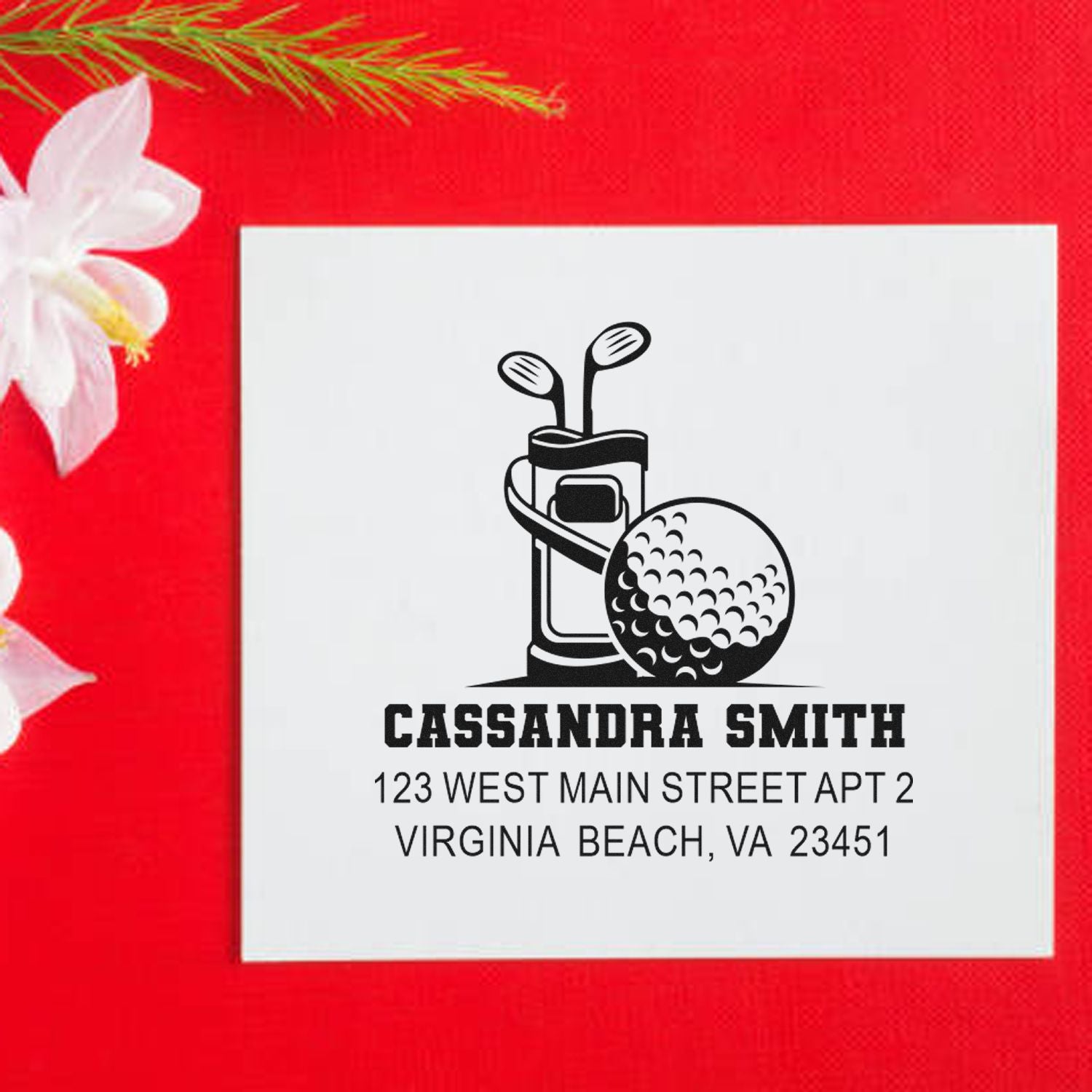 Personalized golf return address rubber stamp with golf bag icon, featuring Cassandra Smith name and Virginia Beach address.