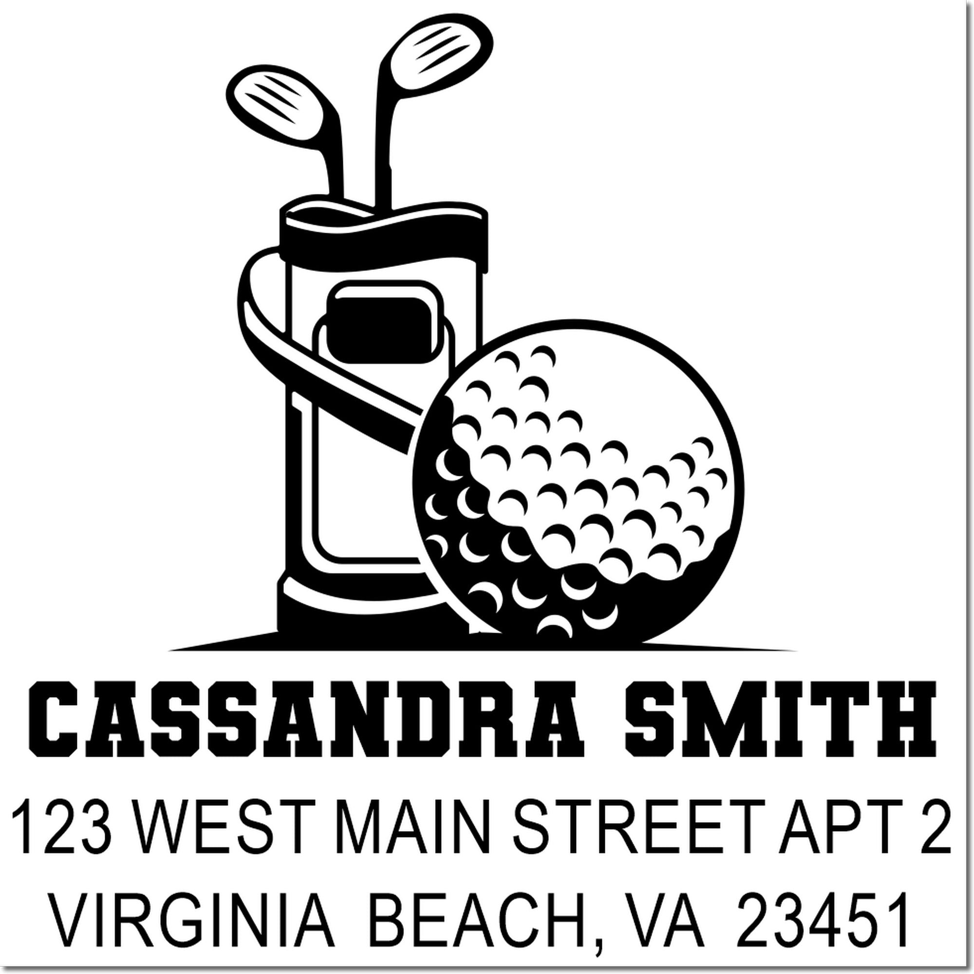 Custom golf club and ball address stamp for Cassandra Smith, 123 West Main St Apt 2, Virginia Beach, VA 23451