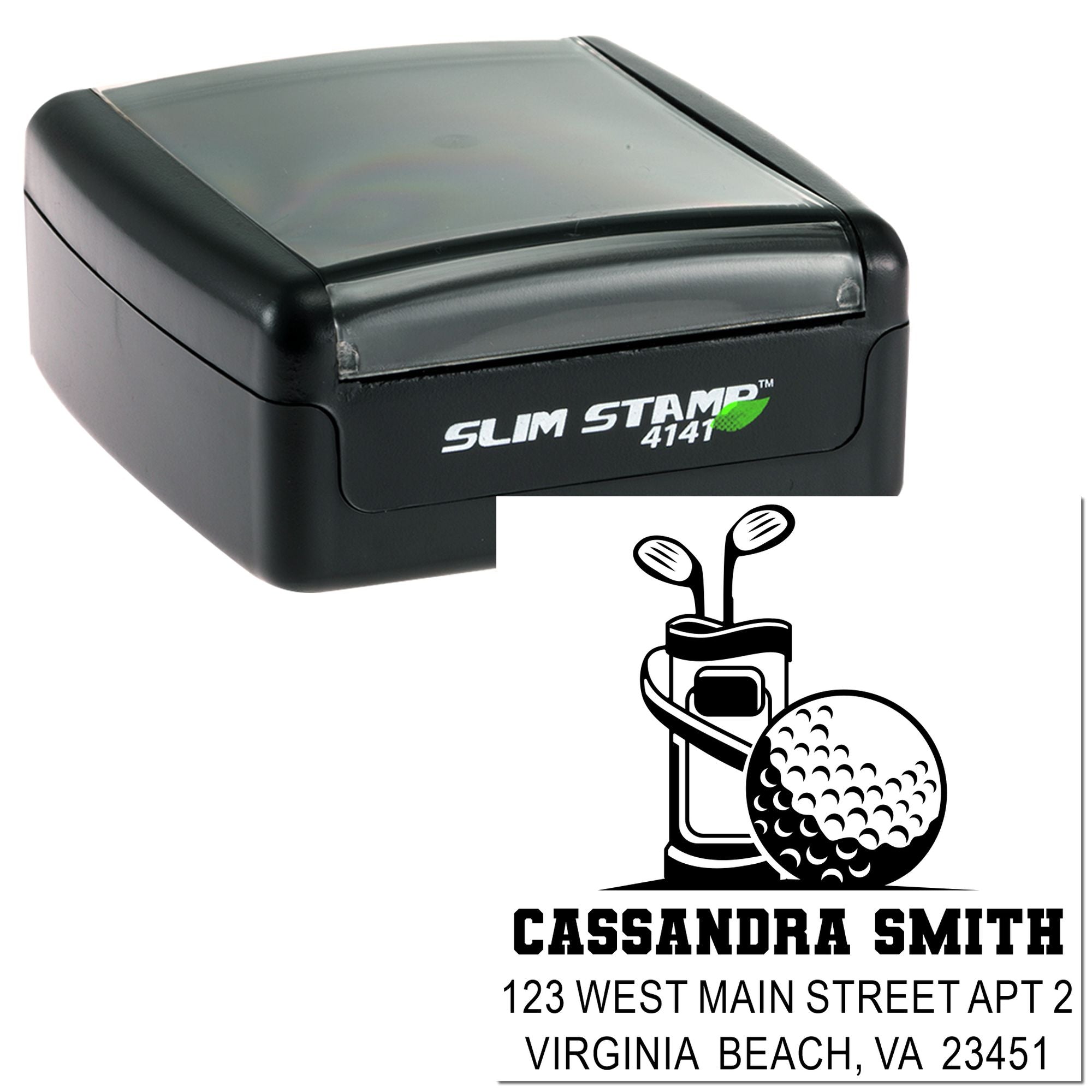 Custom golf address rubber stamp with Slim Stamp 4141 self-inking design for personalized name and return address.