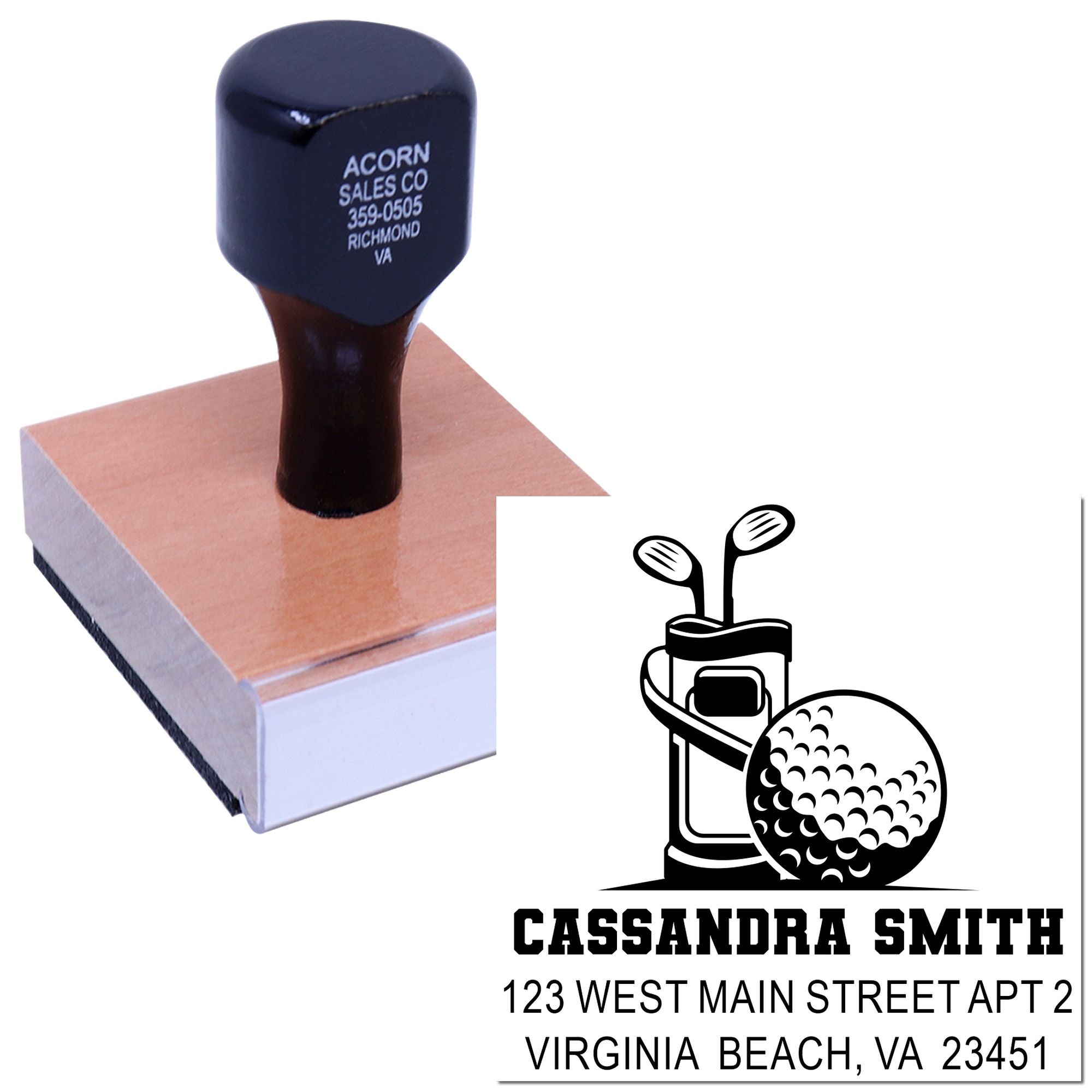 Custom golf return address rubber stamp with personalized name and address for stationery, invitations, and club gifts