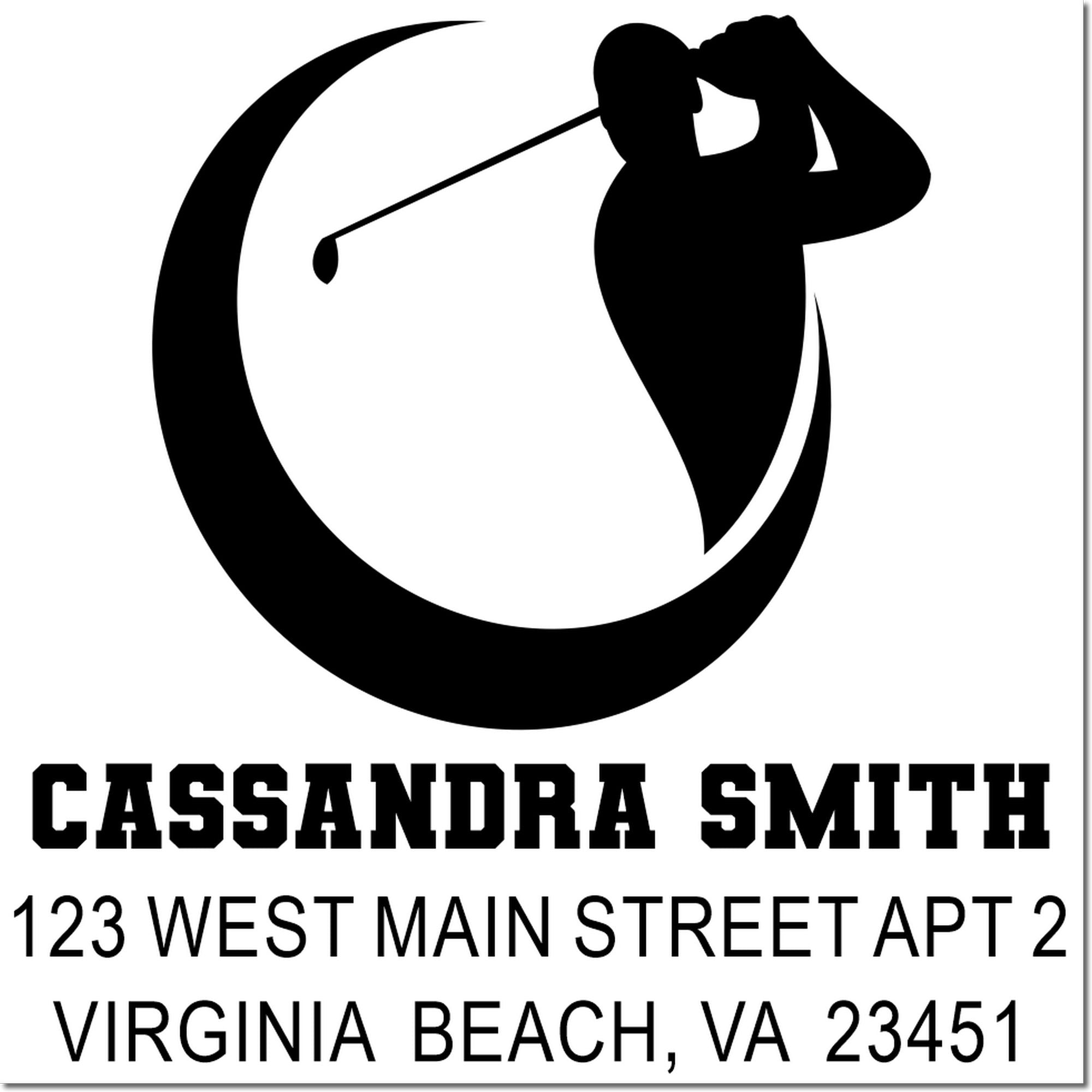 Personalized rubber address stamp for Cassandra Smith, Virginia Beach, VA 23451, with golf silhouette logo.
