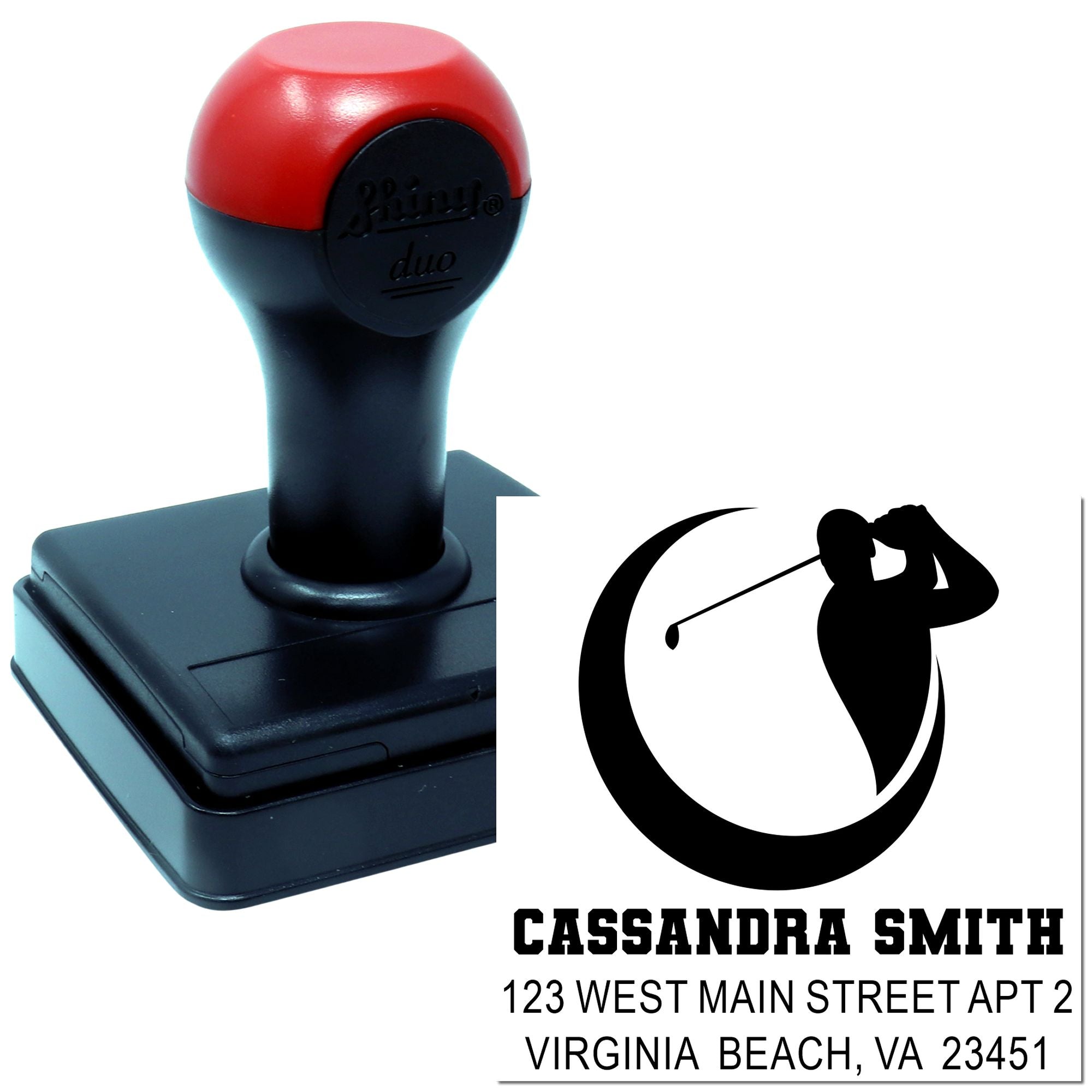 Self-inking custom golf address rubber stamp with name and Virginia Beach, VA mailing details.