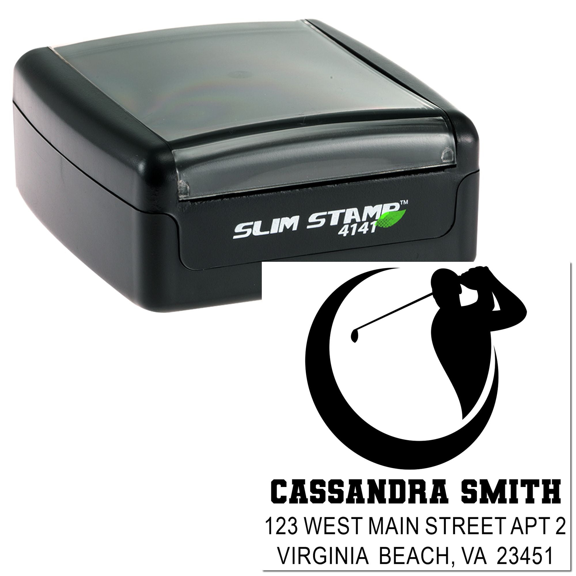 Slim Stamp 4141 custom rubber stamp with golfer logo and return address for personalized mailing
