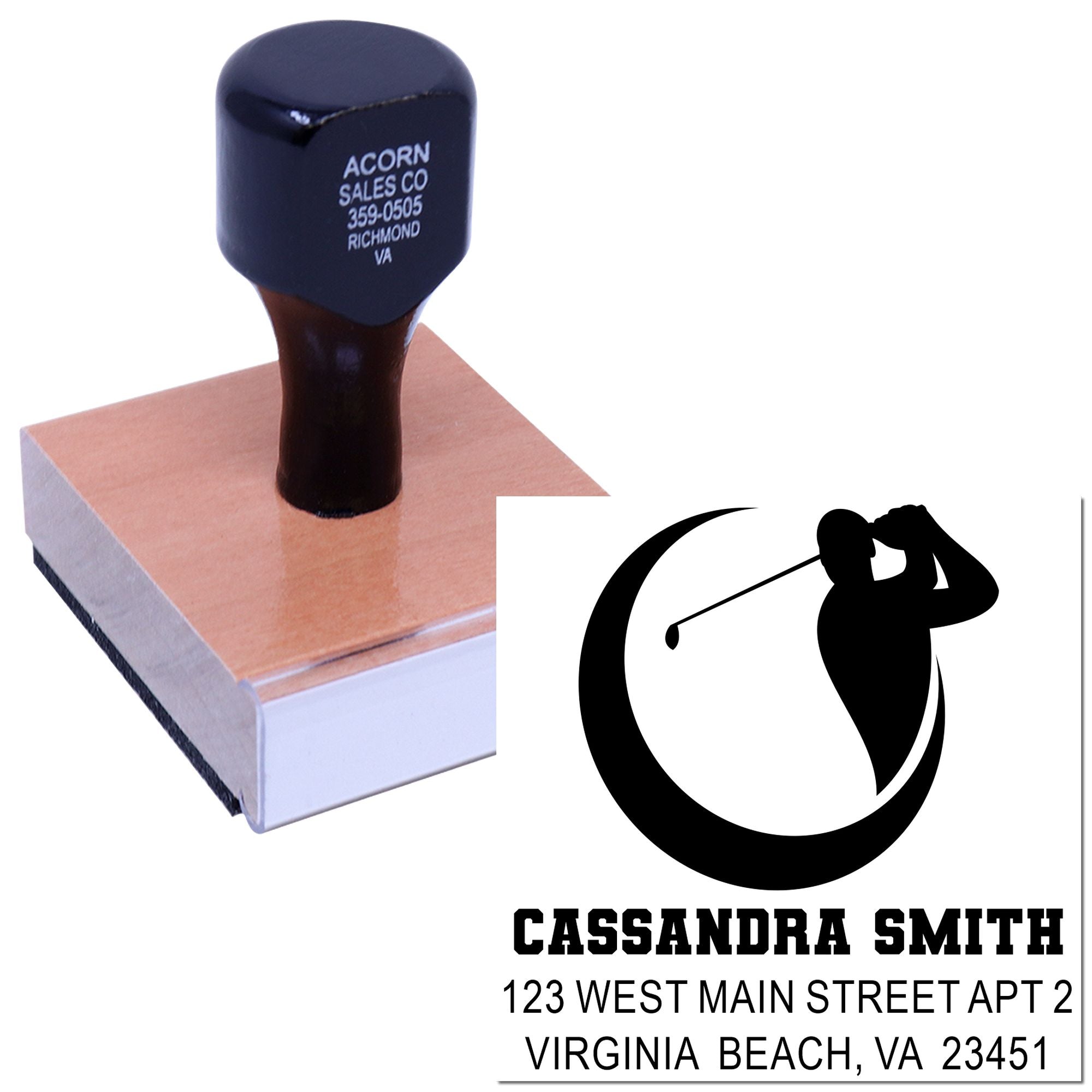 Personalized golf return address rubber stamp with golfer logo, name, and address for custom mailing labels.