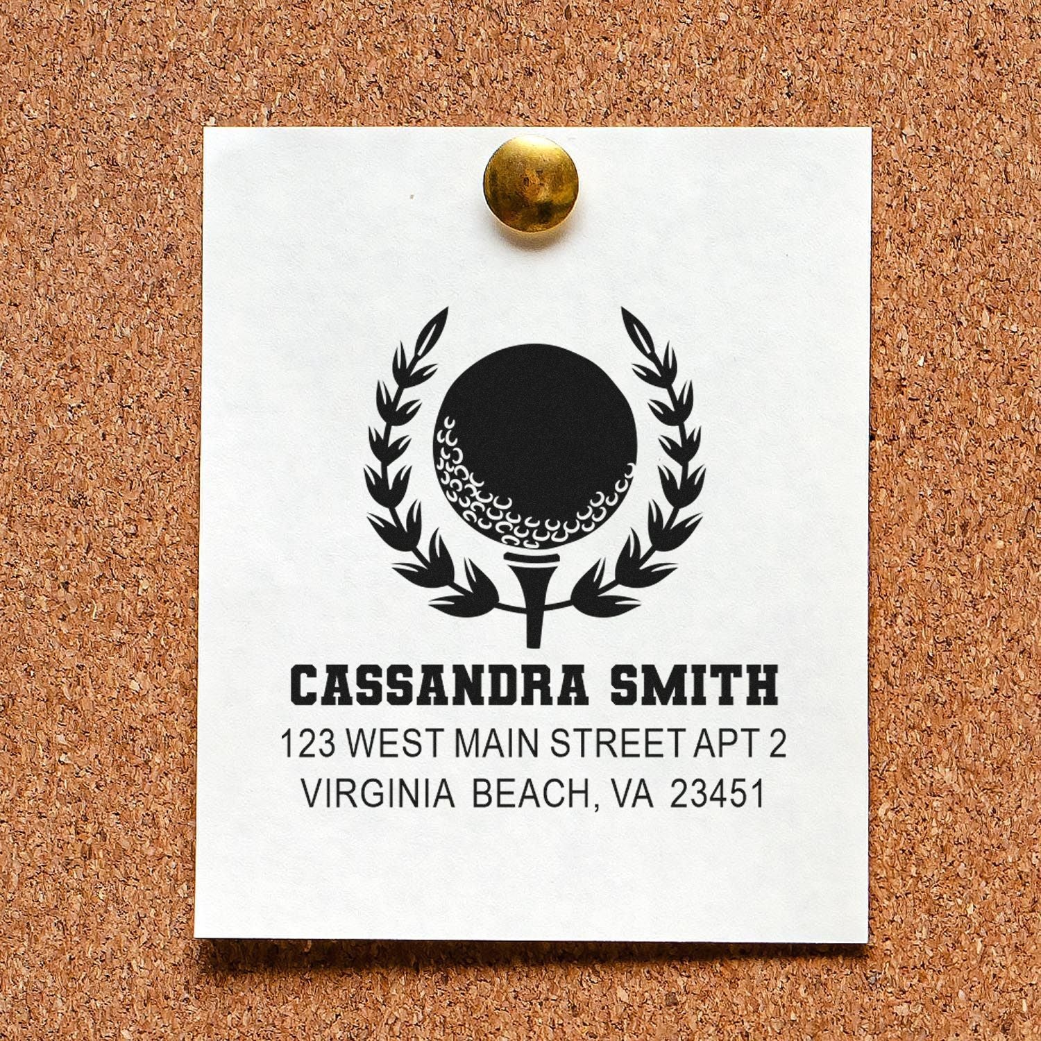 Personalized golf address rubber stamp for Cassandra Smith with laurel logo and Virginia Beach return address.