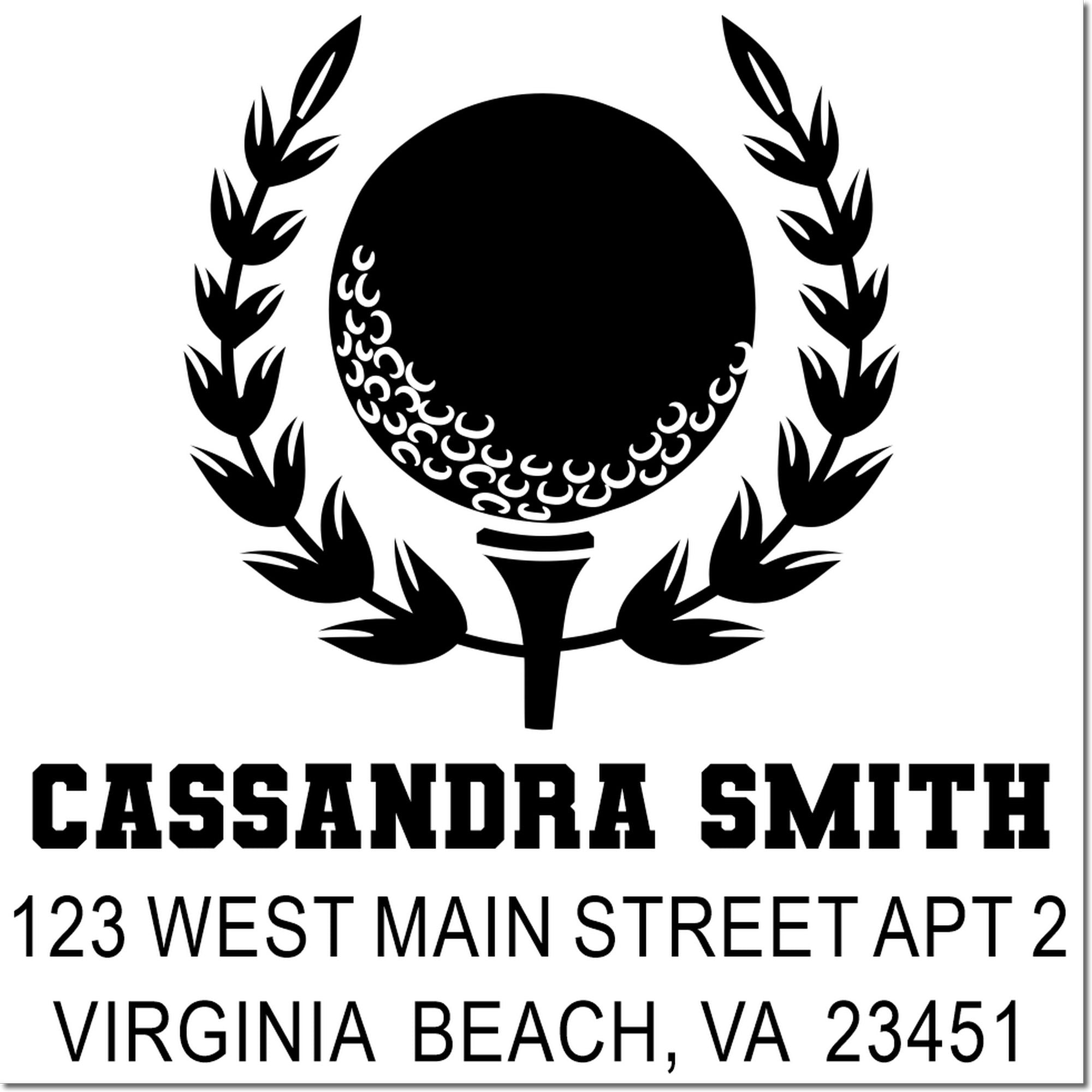 Custom return address rubber stamp for Cassandra Smith with floral wreath design and Virginia Beach, VA address.